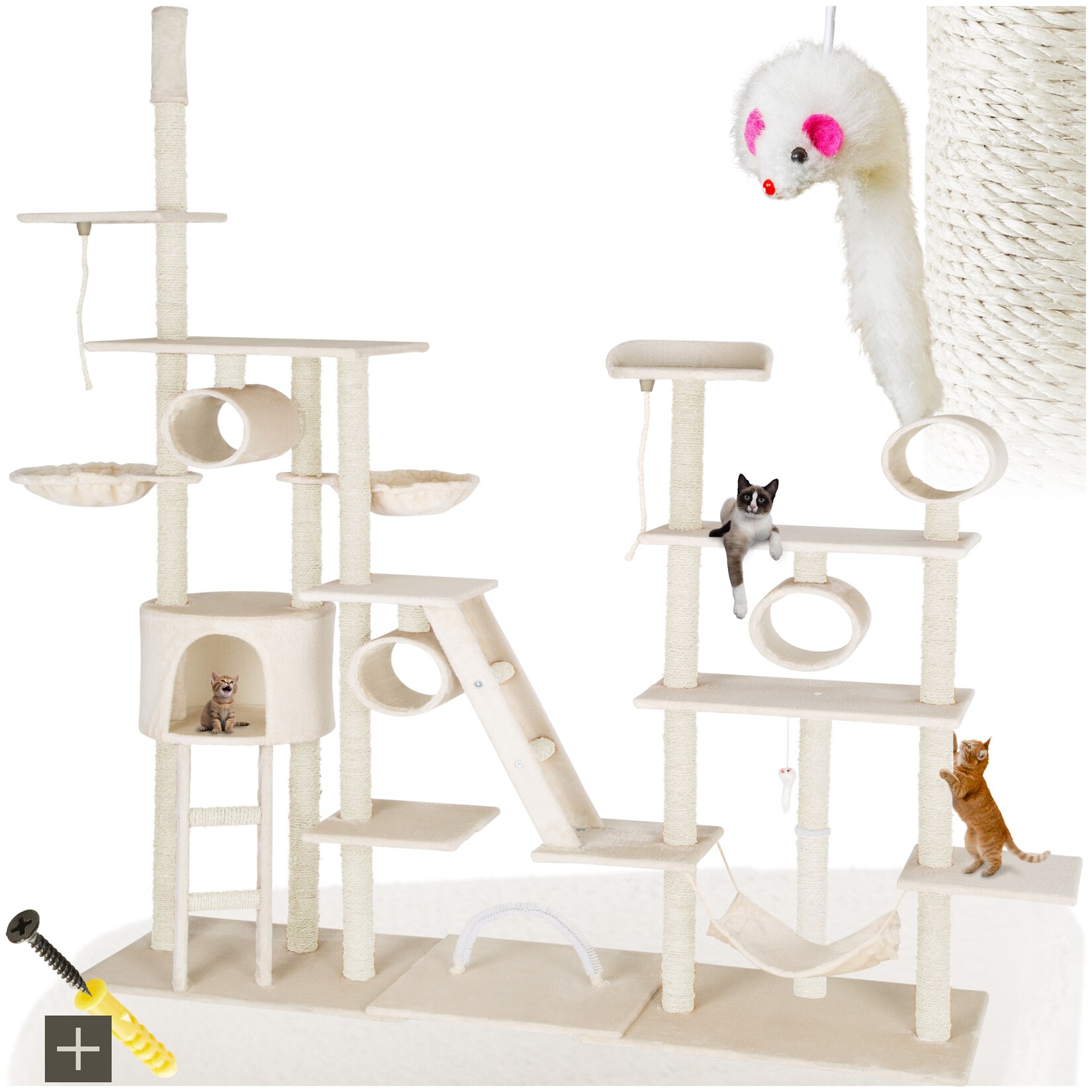 tectake® Kratzbaum, 234 bis 261 cm, mit Katzenhaus, inklusive 2 Treppen, 2 Spielkordeln, Kratzbogen, Deckenspanner und Kippschutz