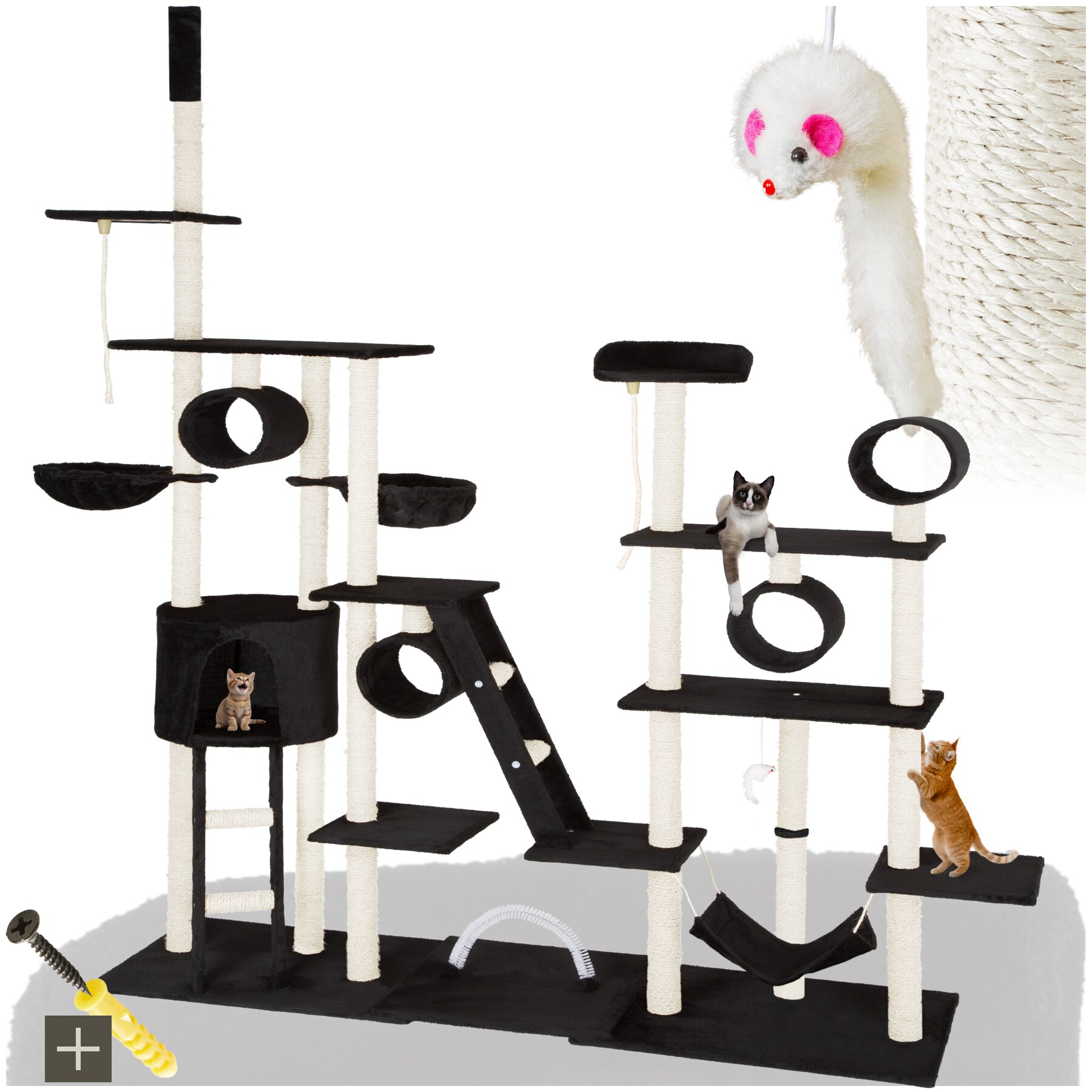 tectake&reg; Kratzbaum, 234 bis 261 cm, mit Katzenhaus, inklusive 2 Treppen, 2 Spielkordeln, Kratzbogen, Deckenspanner und Kippschutz 