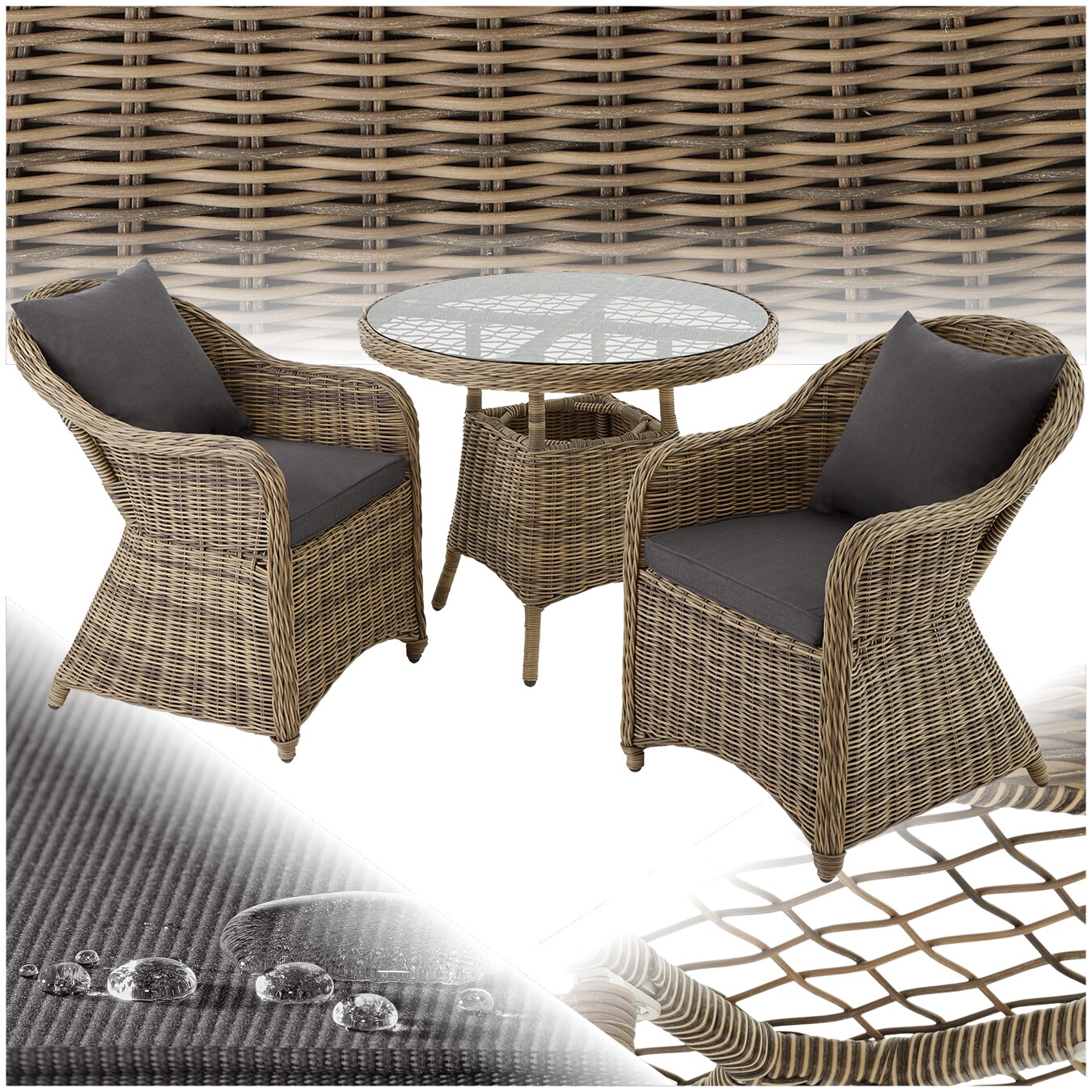 tectake&reg; Aluminium Rattan Sitzgruppe, wetterfest und UV-best&auml;ndig, Belastbarkeit Sessel 150 kg, kein Aufbau 