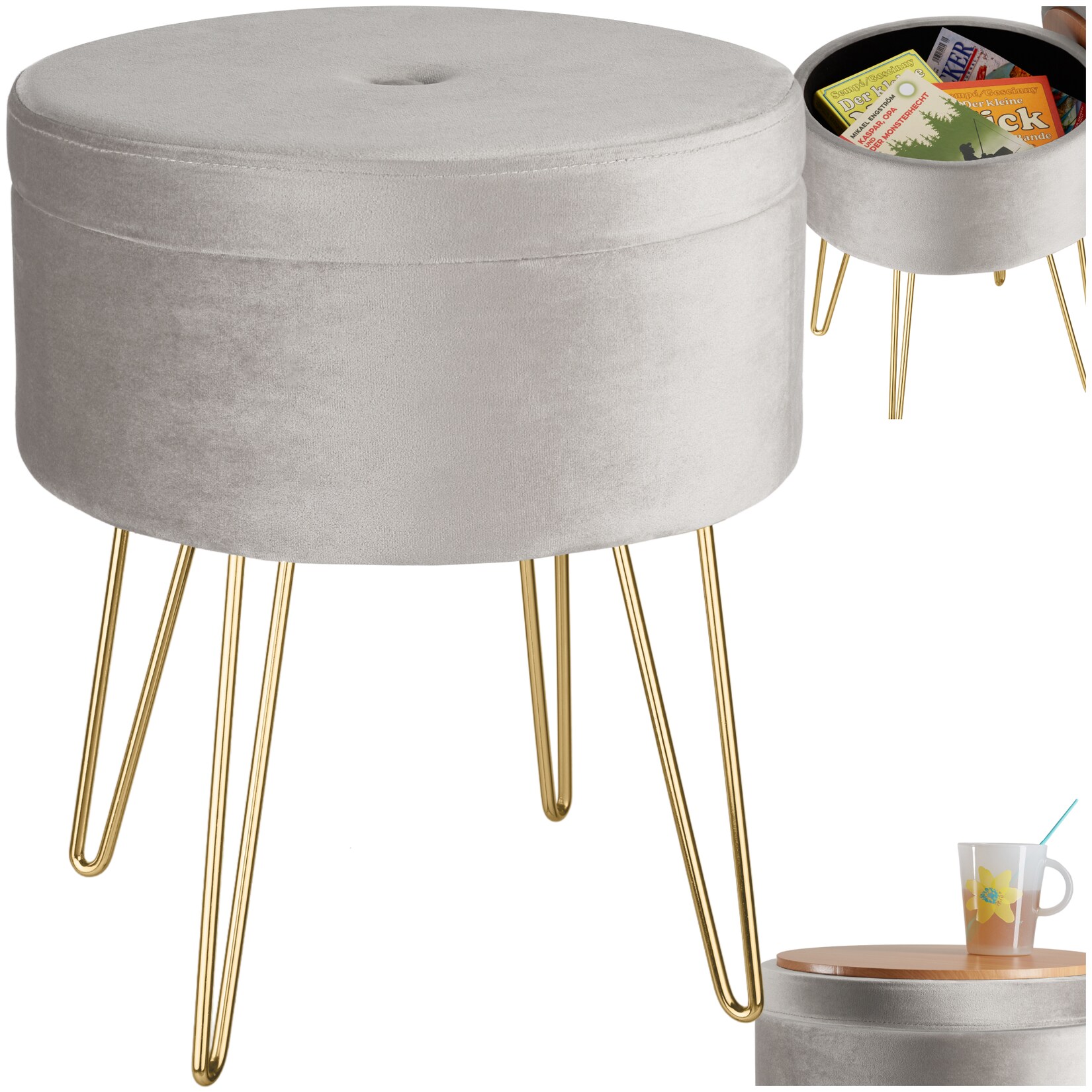 tectake® Sitzhocker mit Stauraum, rund, gepolstert, in Samtoptik