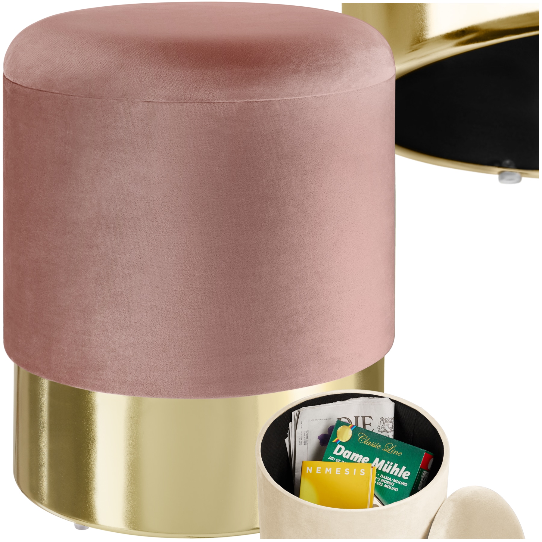 tectake&reg; Sitzhocker mit Stauraum, rund, gepolstert, in Samtoptik 