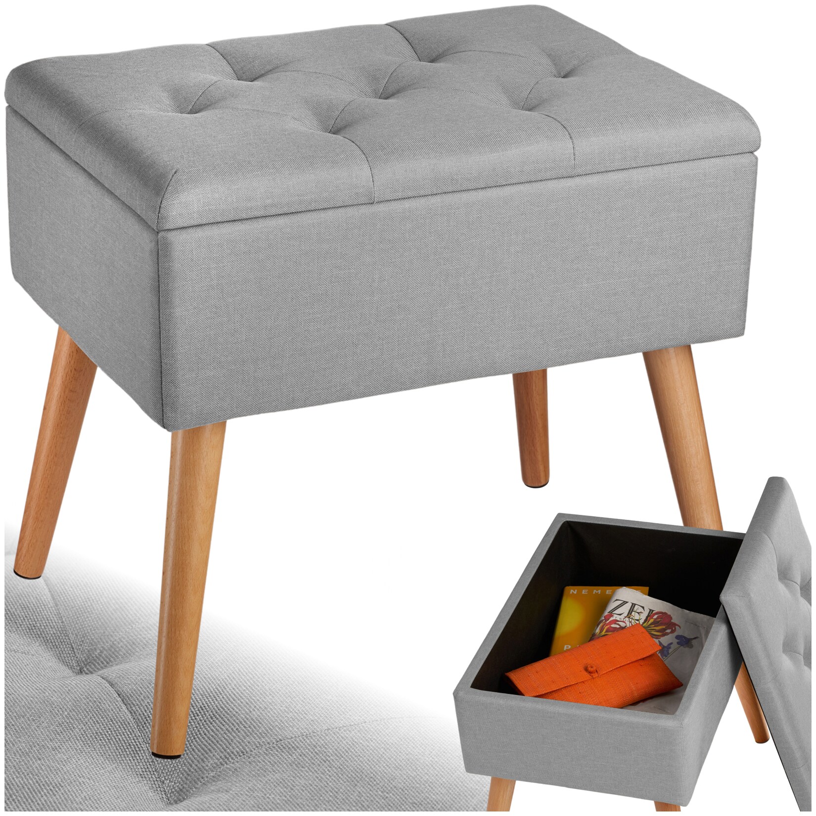 tectake® Sitzbank, gepolstert, in Leinenoptik, Holzbeine mit Filzgleitern, 51 x 37,5 x 45,5 cm