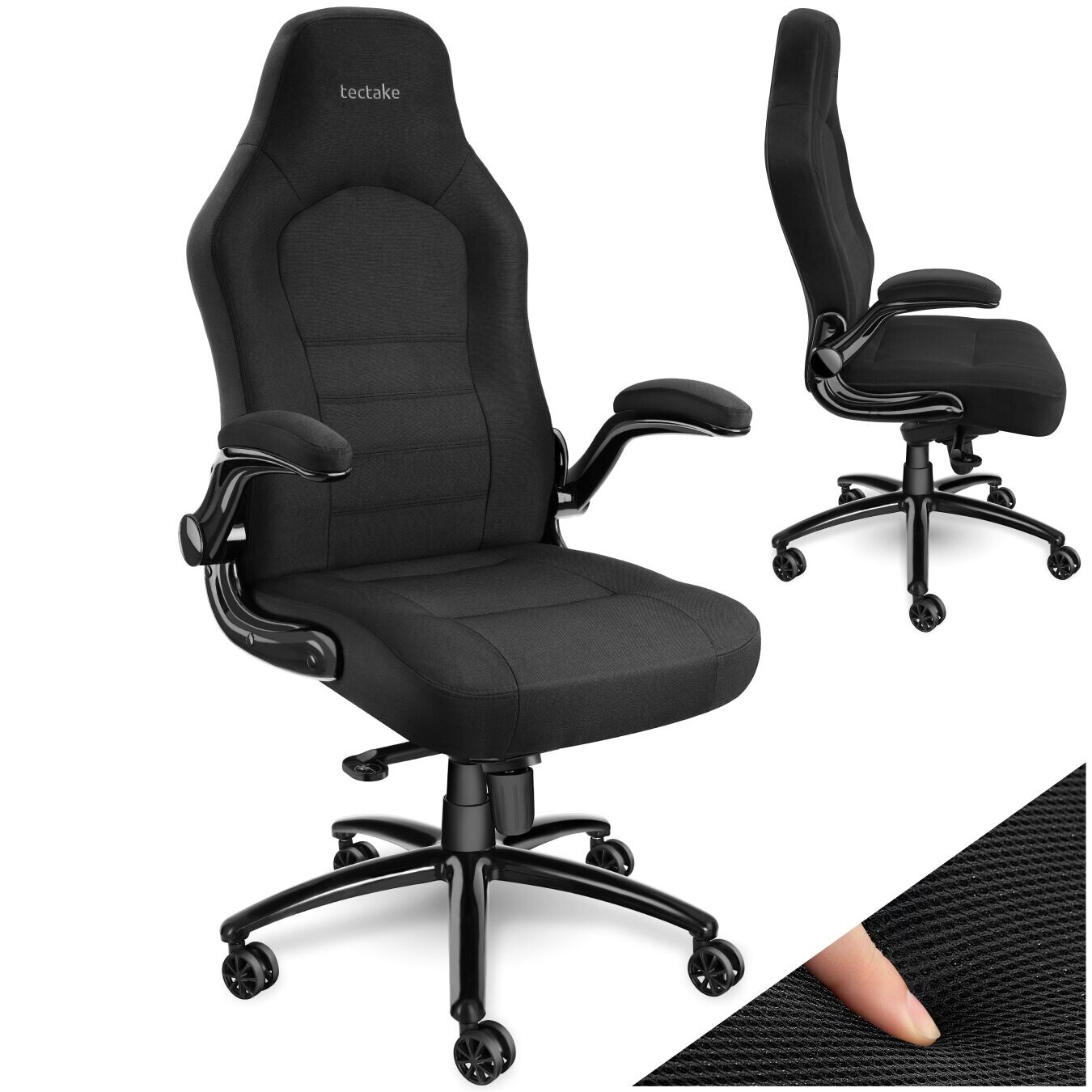 tectake® Bürostuhl, ergonomische Form, mit Stoffbezug, klappbare Armlehnen und Wippfunktion, stufenlos höhenverstellbar