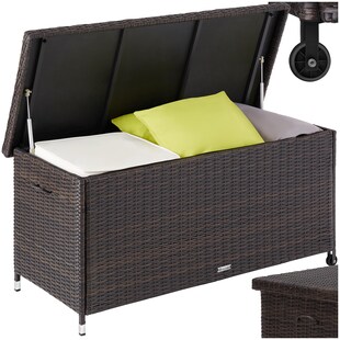 tectake® Auflagenbox, 270 l, mit Rattangeflecht, komfortable Hubautomatik, 121 x 56 x 60 cm 