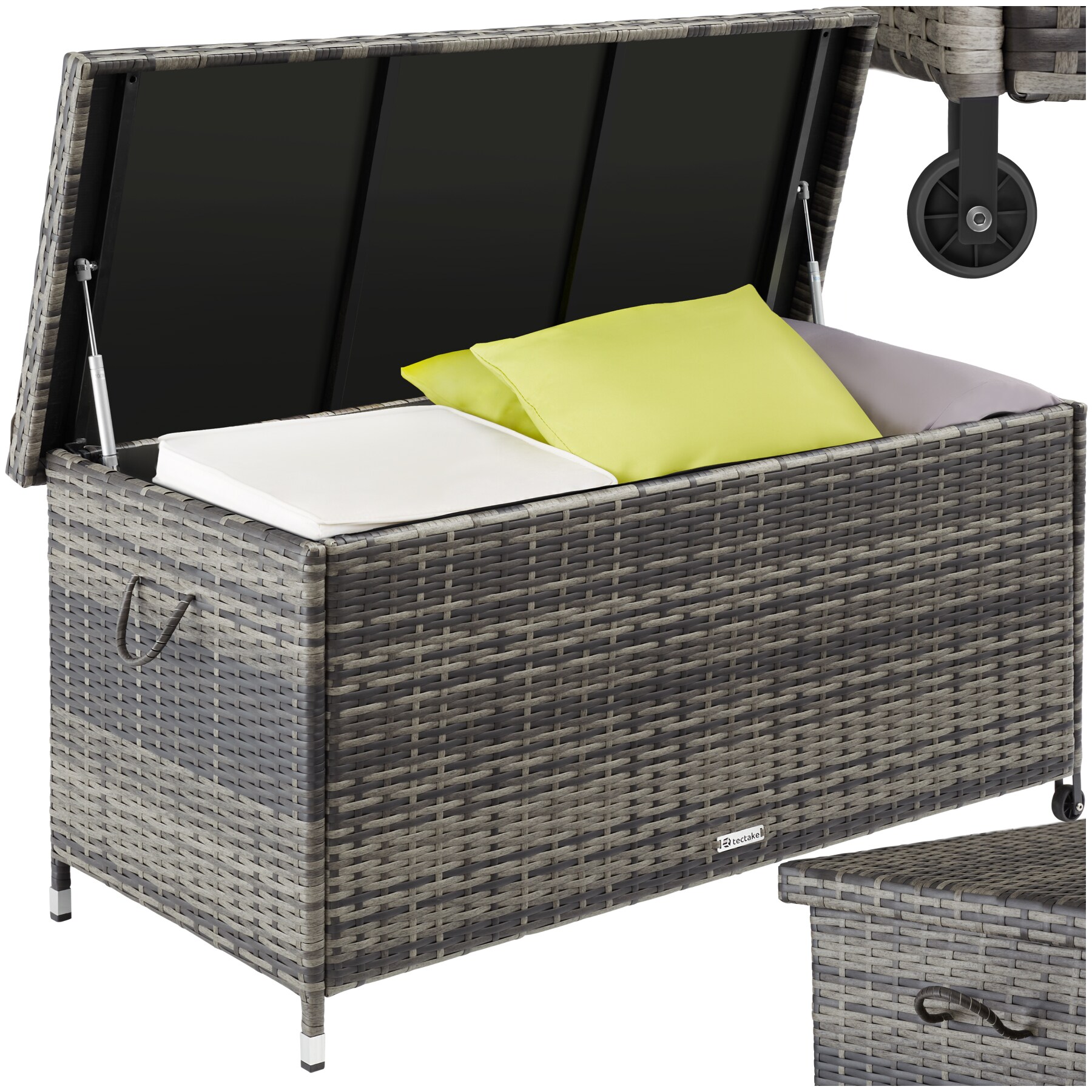 tectake&reg; Auflagenbox, 270 l, mit Rattangeflecht, komfortable Hubautomatik, 121 x 56 x 60 cm 