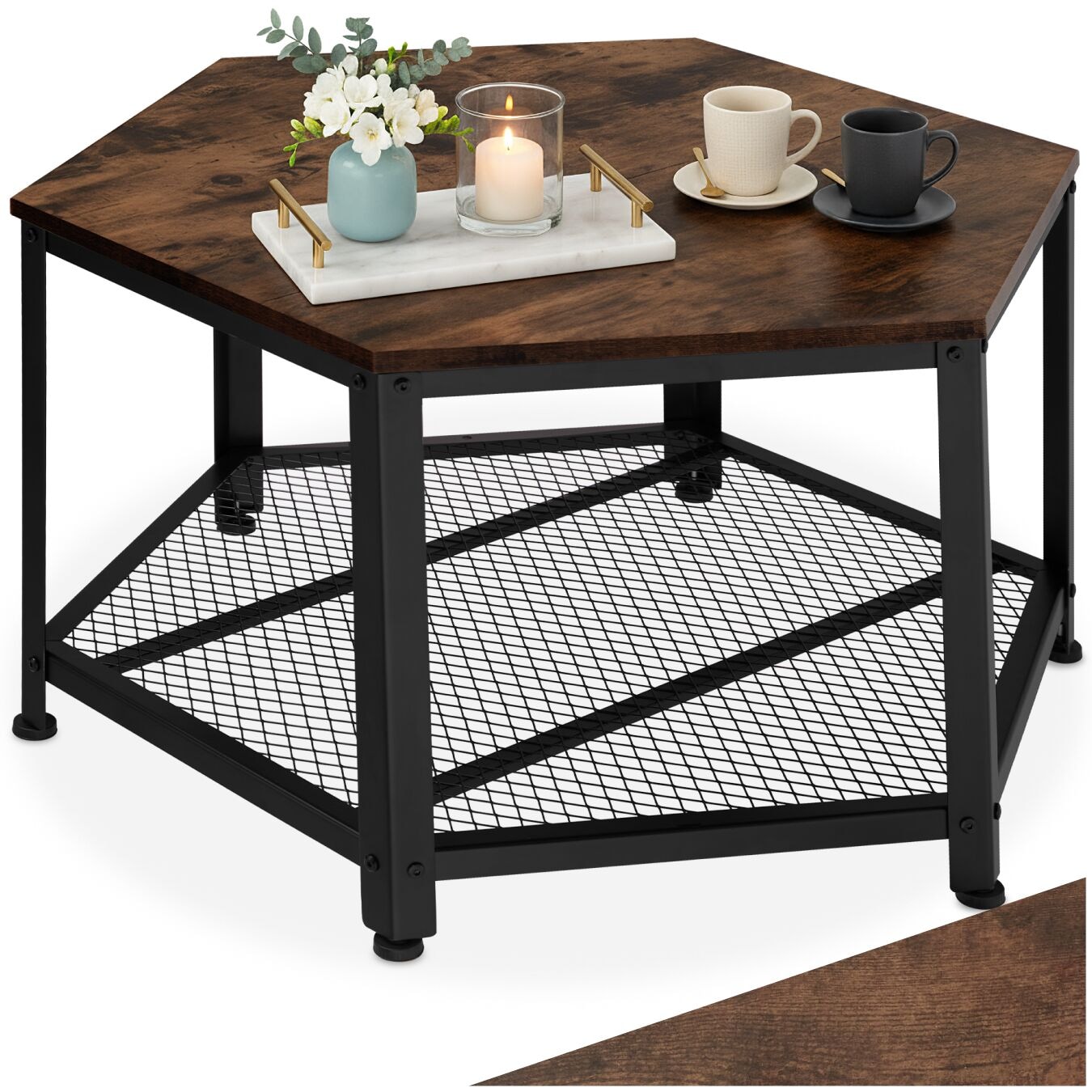 tectake® Couchtisch, Industrial Style, sechseckig mit Gitterablage, 86,5 x 75 x 46,5 cm