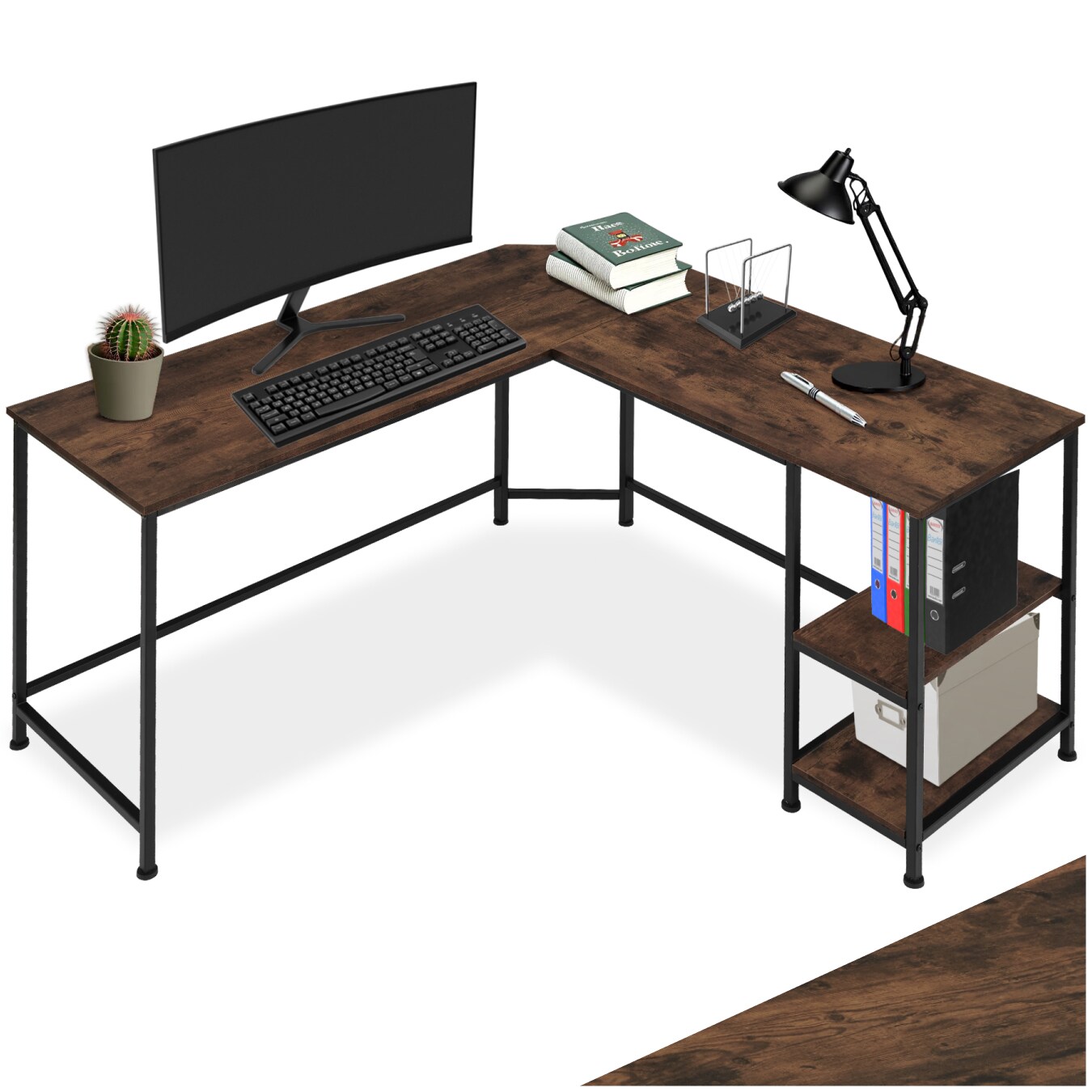 tectake® Schreibtisch, Industrial Style, Seitenregal mit 2 Ablagefächern, 138 x 138 x 75,5 cm