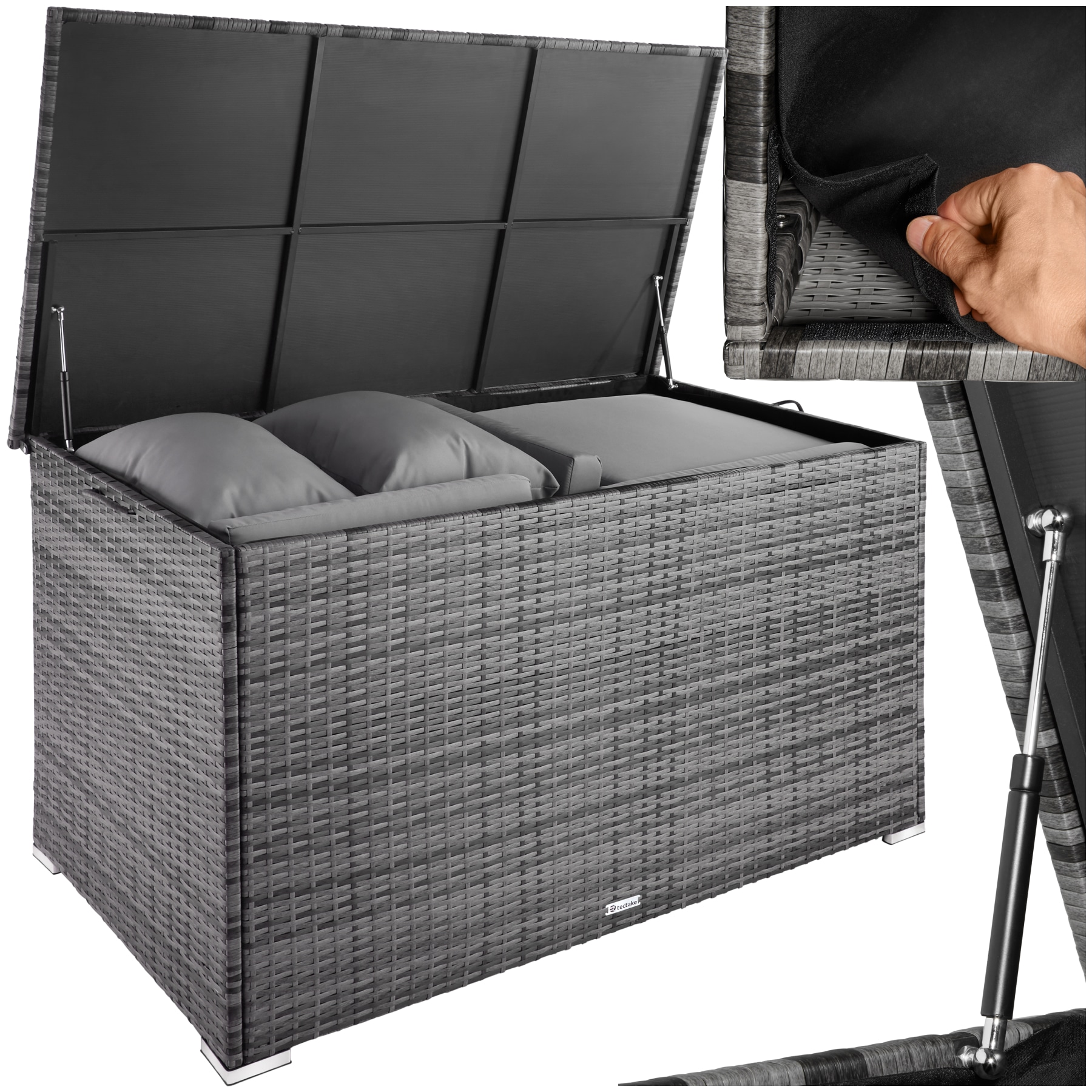 tectake&reg; Auflagenbox, 750 l, mit Aluminiumgestell und Rattangeflecht, komfortable Hubautomatik, 145 x 82,5 x 79,5 cm 