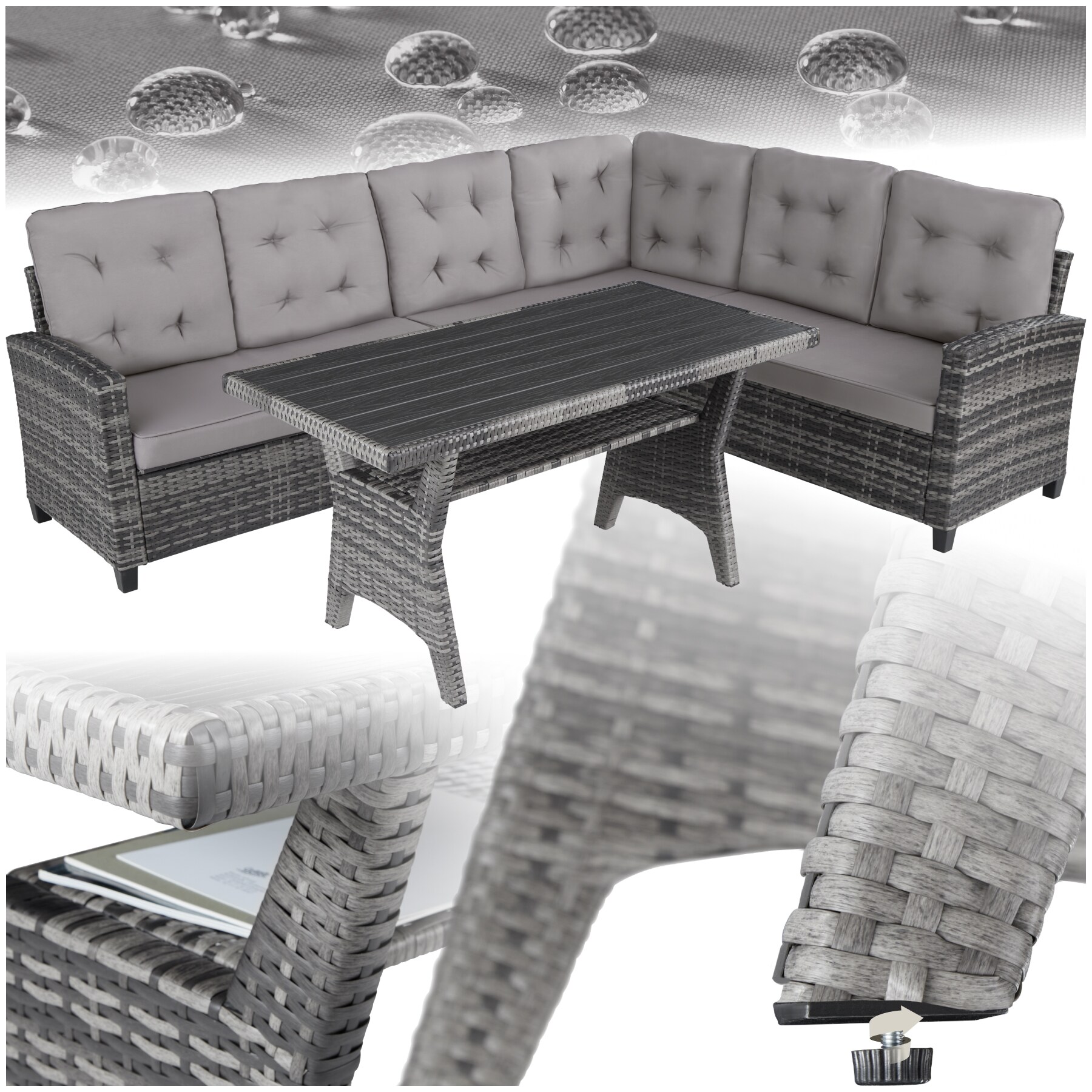 tectake&reg; Rattan Lounge, f&uuml;r 6 Personen, UV-best&auml;ndig, Tisch mit Schraubf&uuml;&szlig;en 