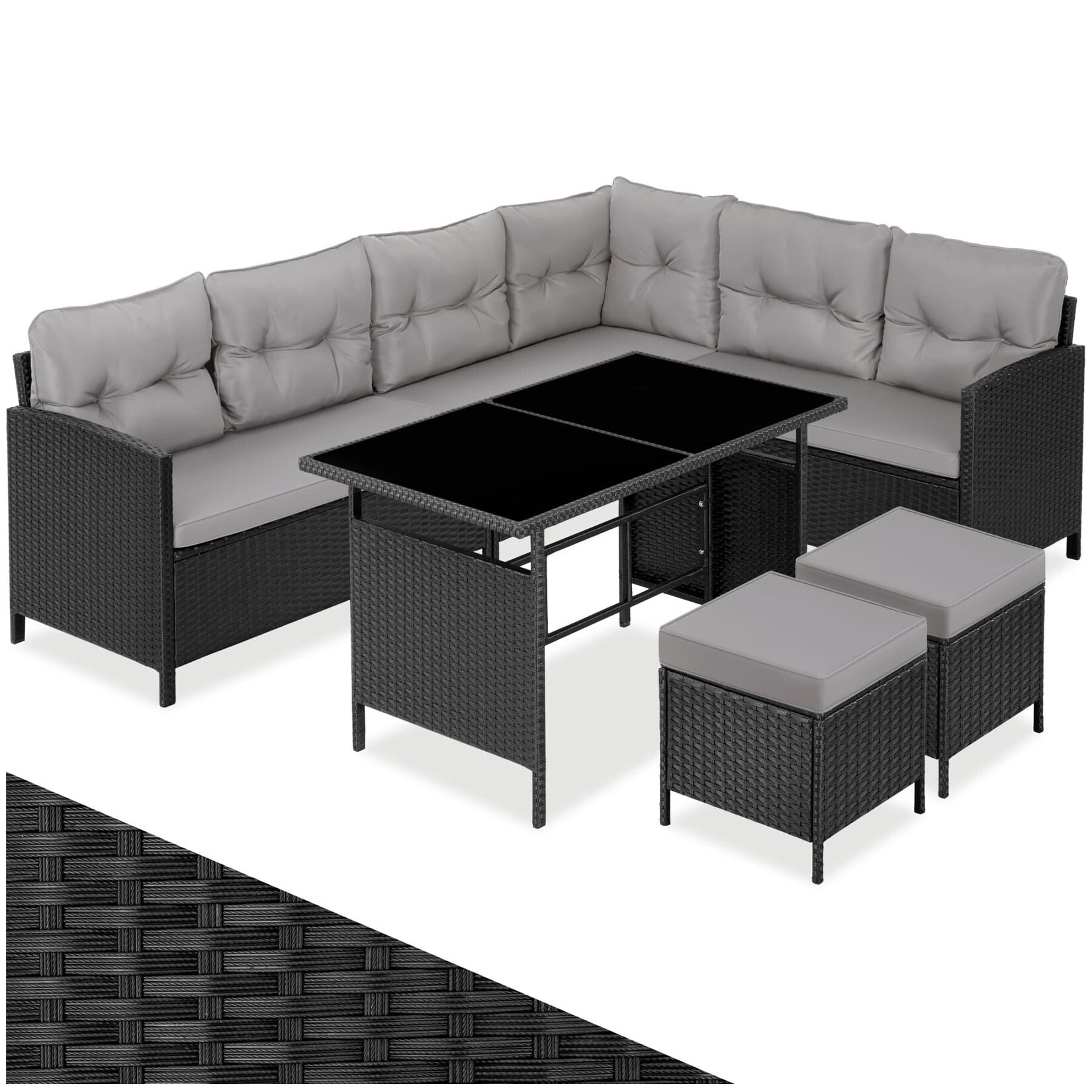 tectake® Rattan Lounge, für 6 bis 8 Personen, UV-beständig, mit Sicherheitsglasplatten