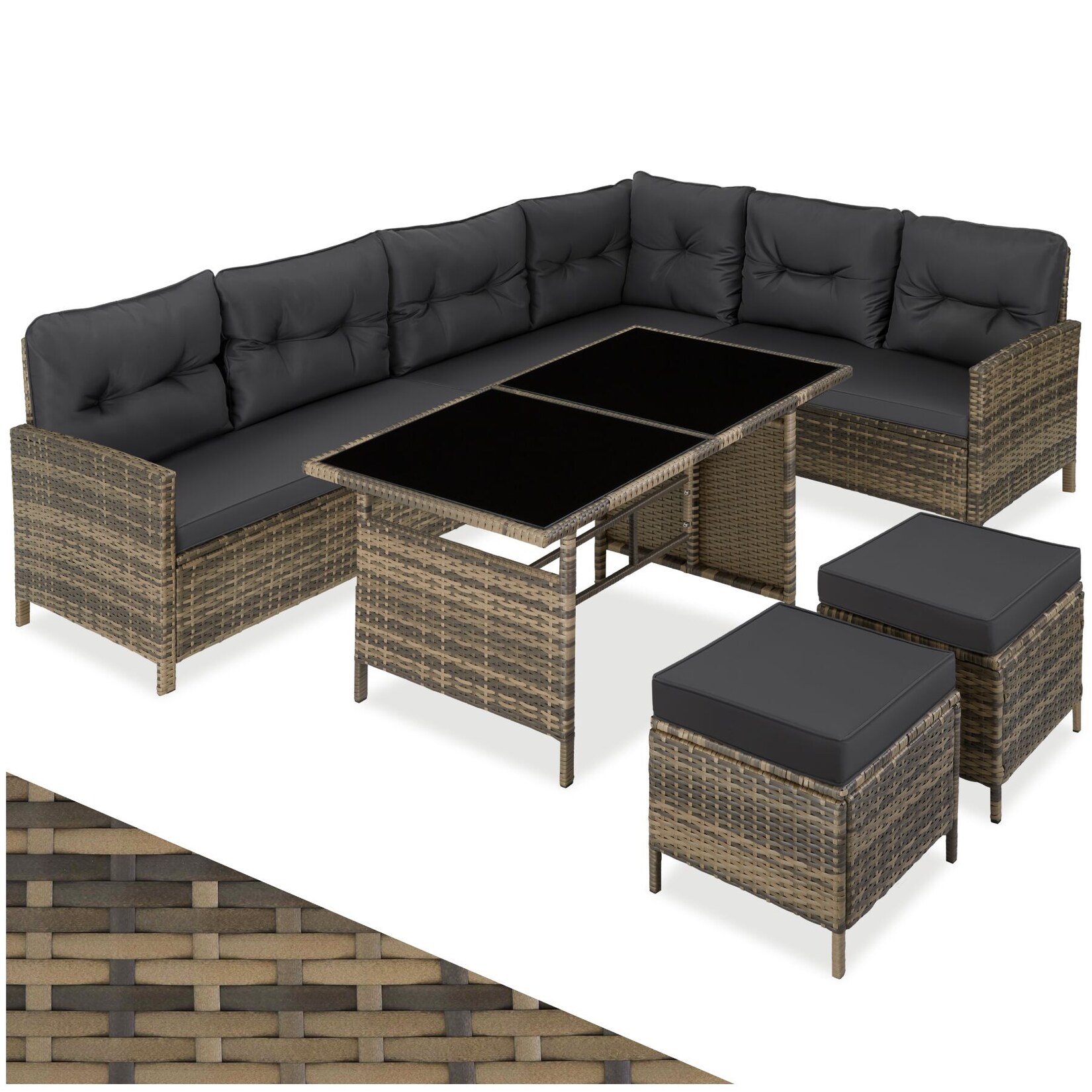 tectake® Rattan Lounge, für 6 bis 8 Personen, UV-beständig, mit Sicherheitsglasplatten
