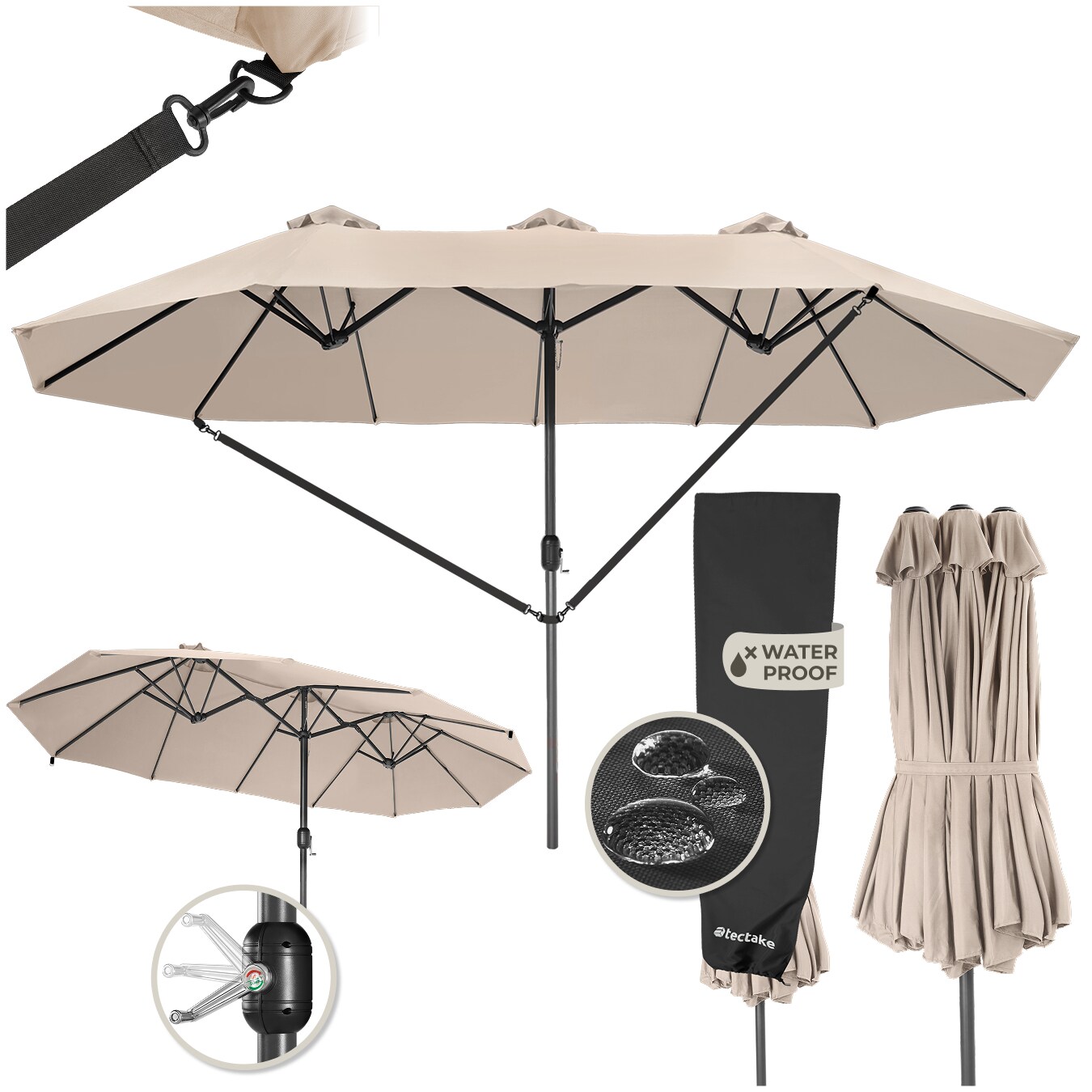 tectake&reg; Sonnenschirm, 460 x 270 cm, stufenlos h&ouml;henverstellbar, UV-Schutz 50+, inklusive Windsicherung und Schutzh&uuml;lle 
