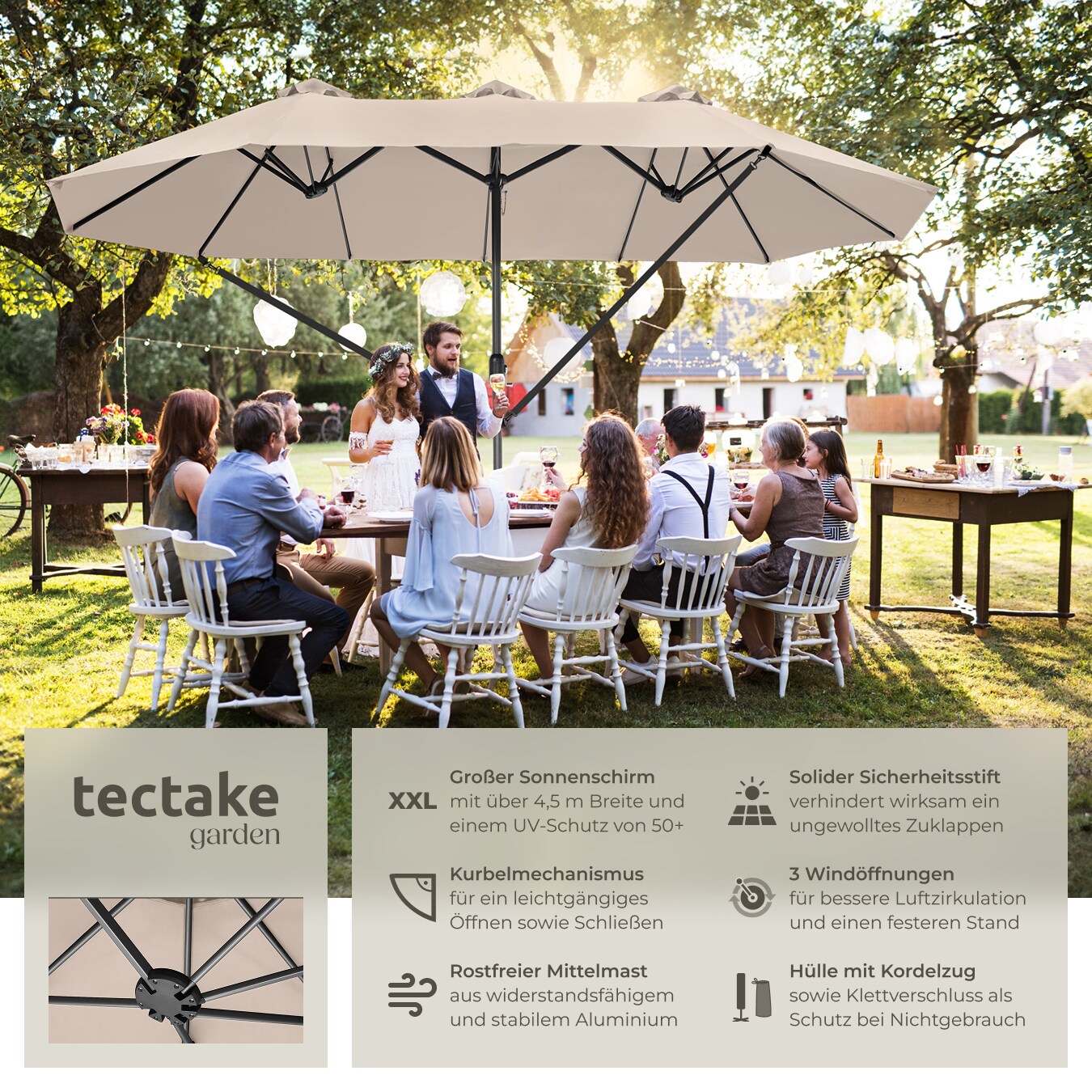tectake® Sonnenschirm, 460 x 270 cm, stufenlos höhenverstellbar  