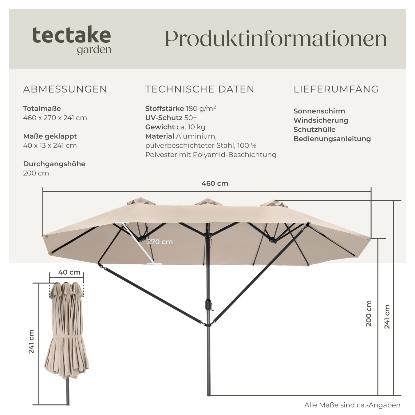 tectake® Sonnenschirm, 460 x 270 cm, stufenlos höhenverstellbar  