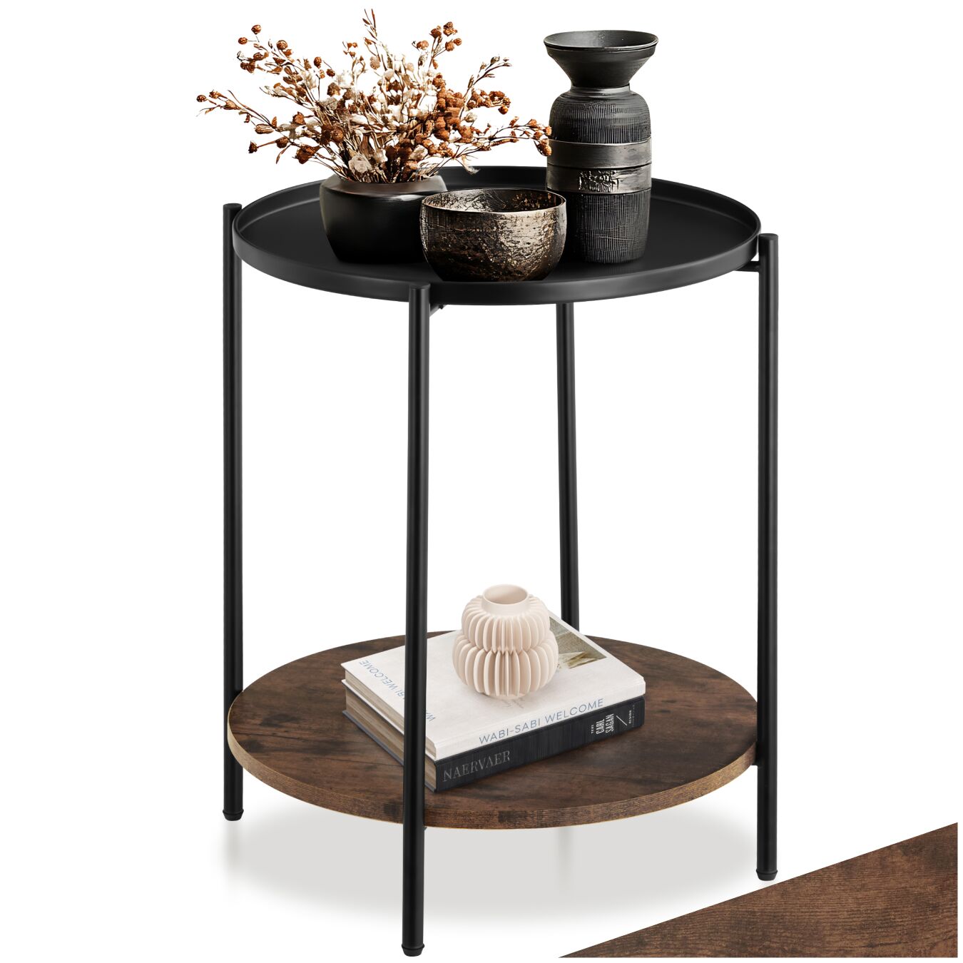 tectake&reg; Beistelltisch, Industrial Style, rund mit abnehmbarer Ablage und weiterer Ablage, 45,5 x 54,5 cm 