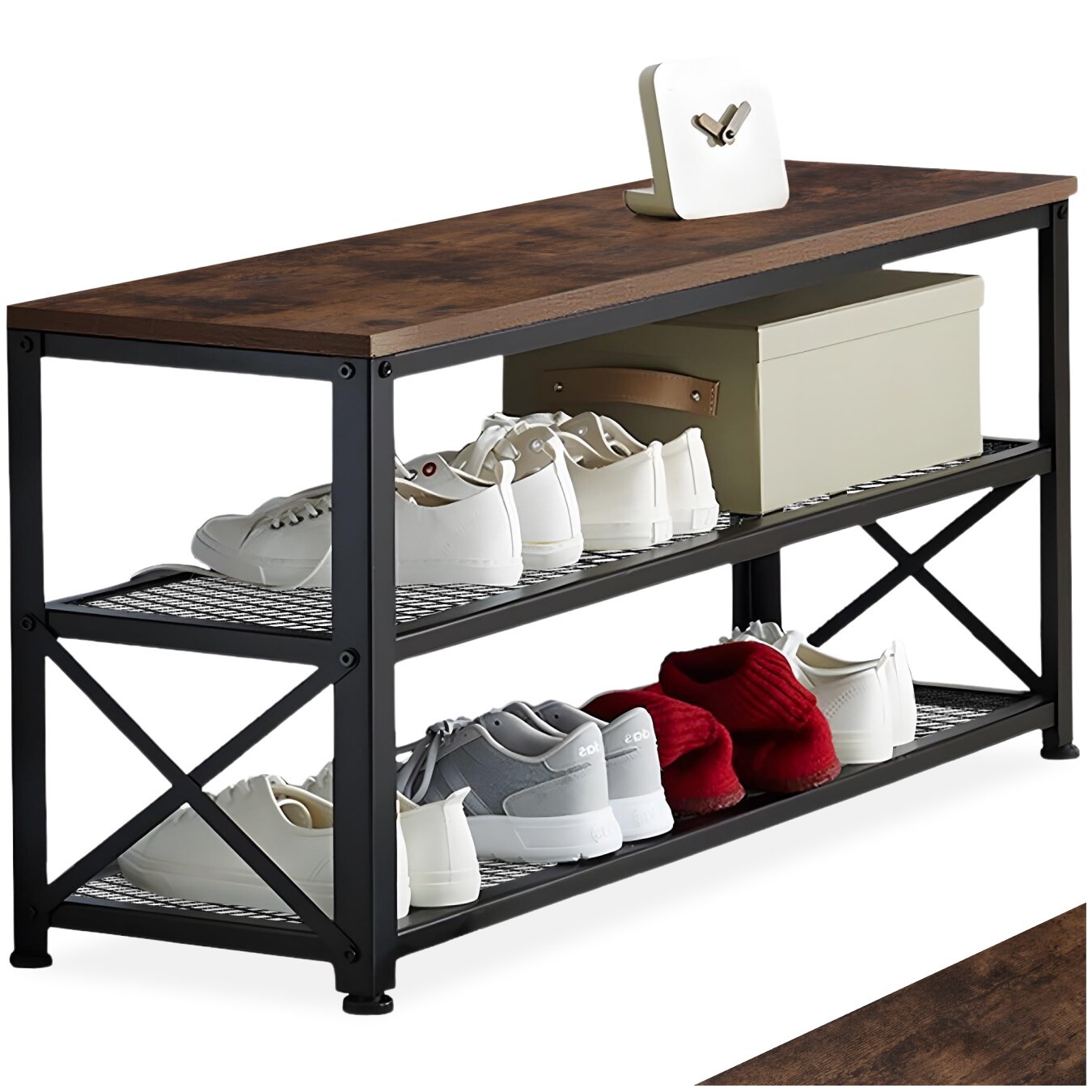 tectake® Schuhregal, Industrial Style, Ablage und 2 Gitterablagen, 101 x 30,5 x 45,5 cm