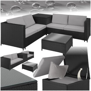 tectake® Rattan Lounge, für 4 Personen, große Aufbewahrungsbox, mit Sicherheitsglasplatte 