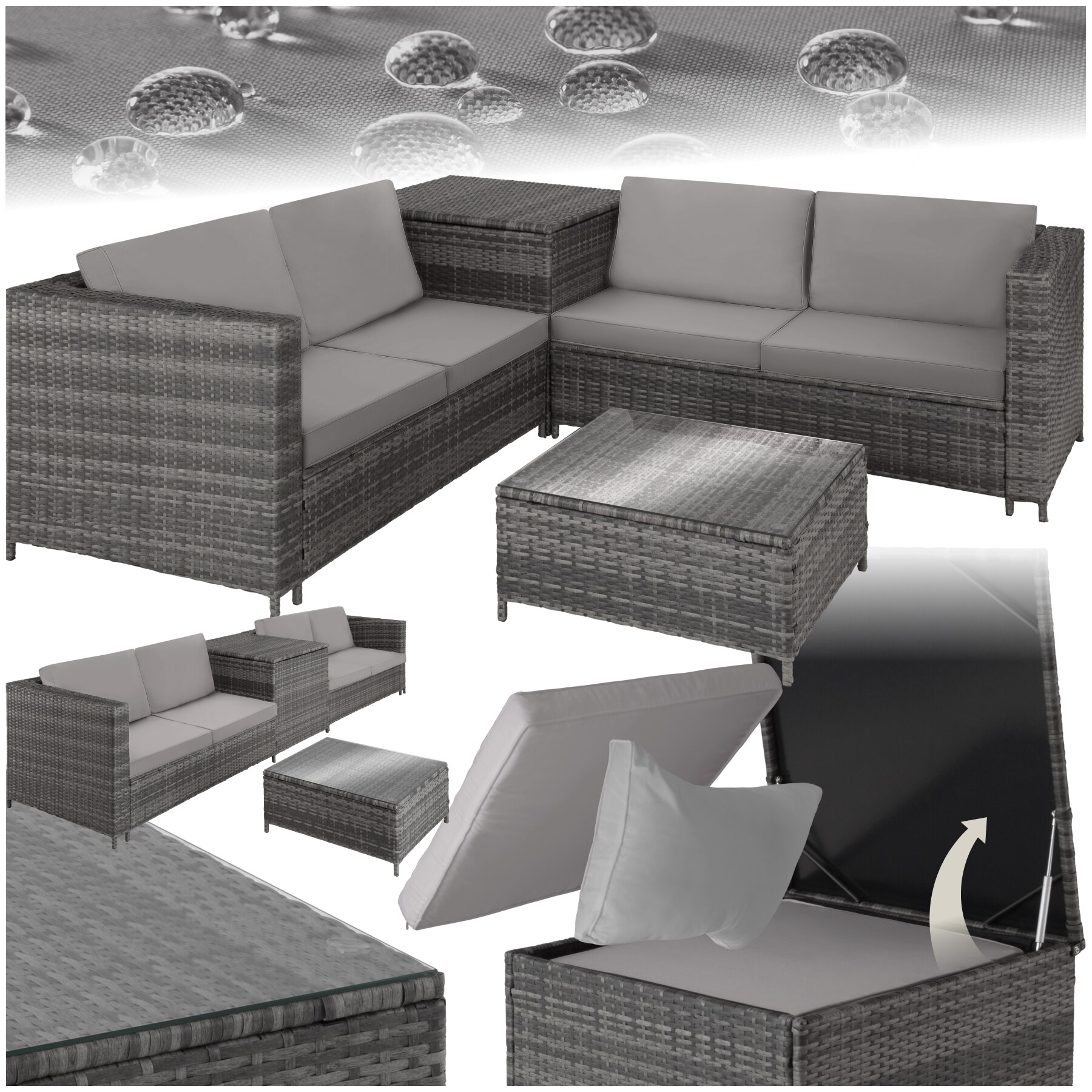 tectake&reg; Rattan Lounge, f&uuml;r 4 Personen, gro&szlig;e Aufbewahrungsbox, mit Sicherheitsglasplatte 