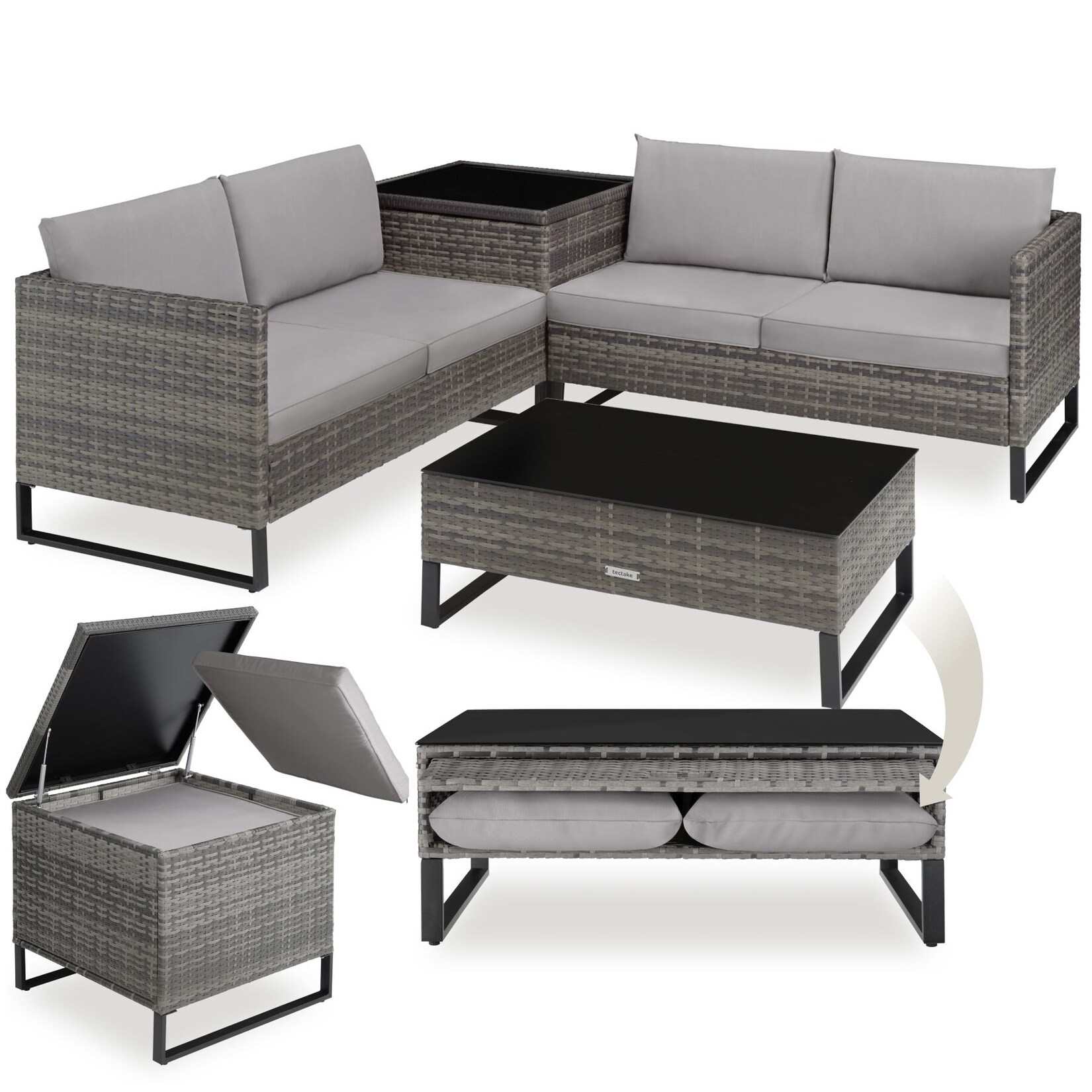 tectake® Rattan Lounge, für 4 Personen, große Aufbewahrungsbox, mit Sicherheitsglasplatte