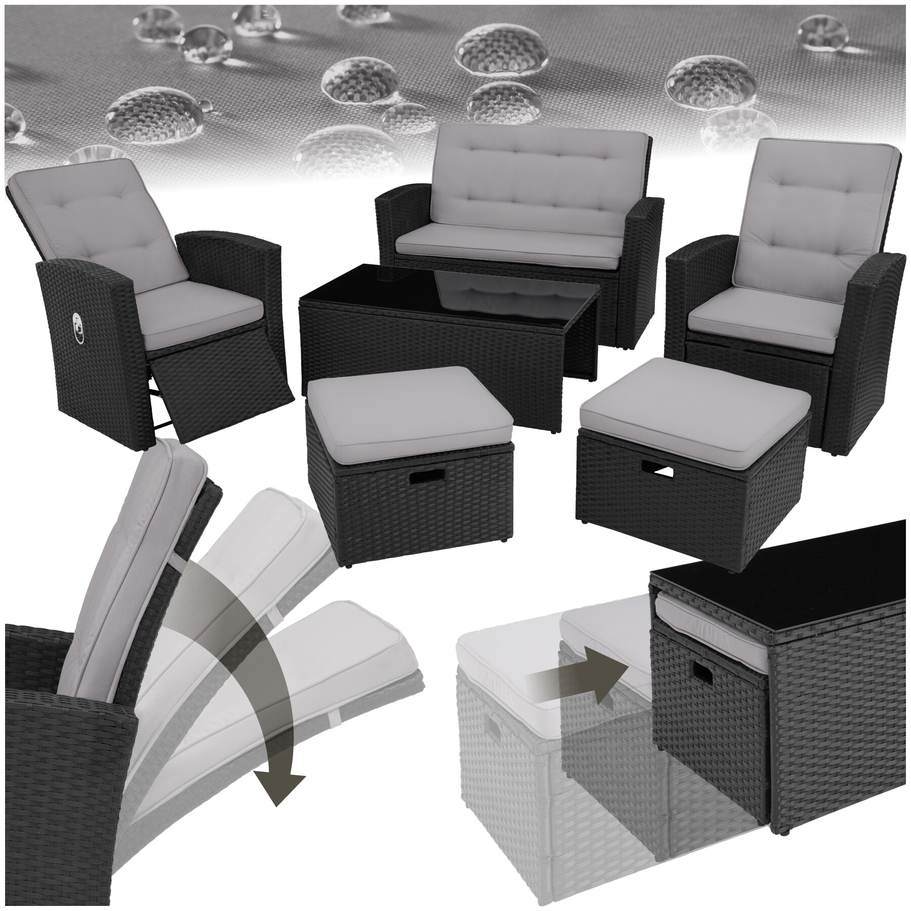 tectake&reg; Rattan Lounge, mit Aluminiumgestell, wetterfest und UV-best&auml;ndig, mit Sicherheitsglasplatte und Schraubf&uuml;&szlig;en 