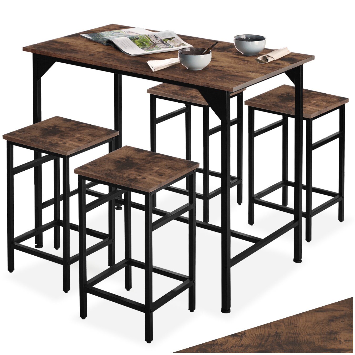 tectake® Bartisch-Set, 5-teilig, Industrial Style, mit höhenverstellbaren Kunststofffüßen