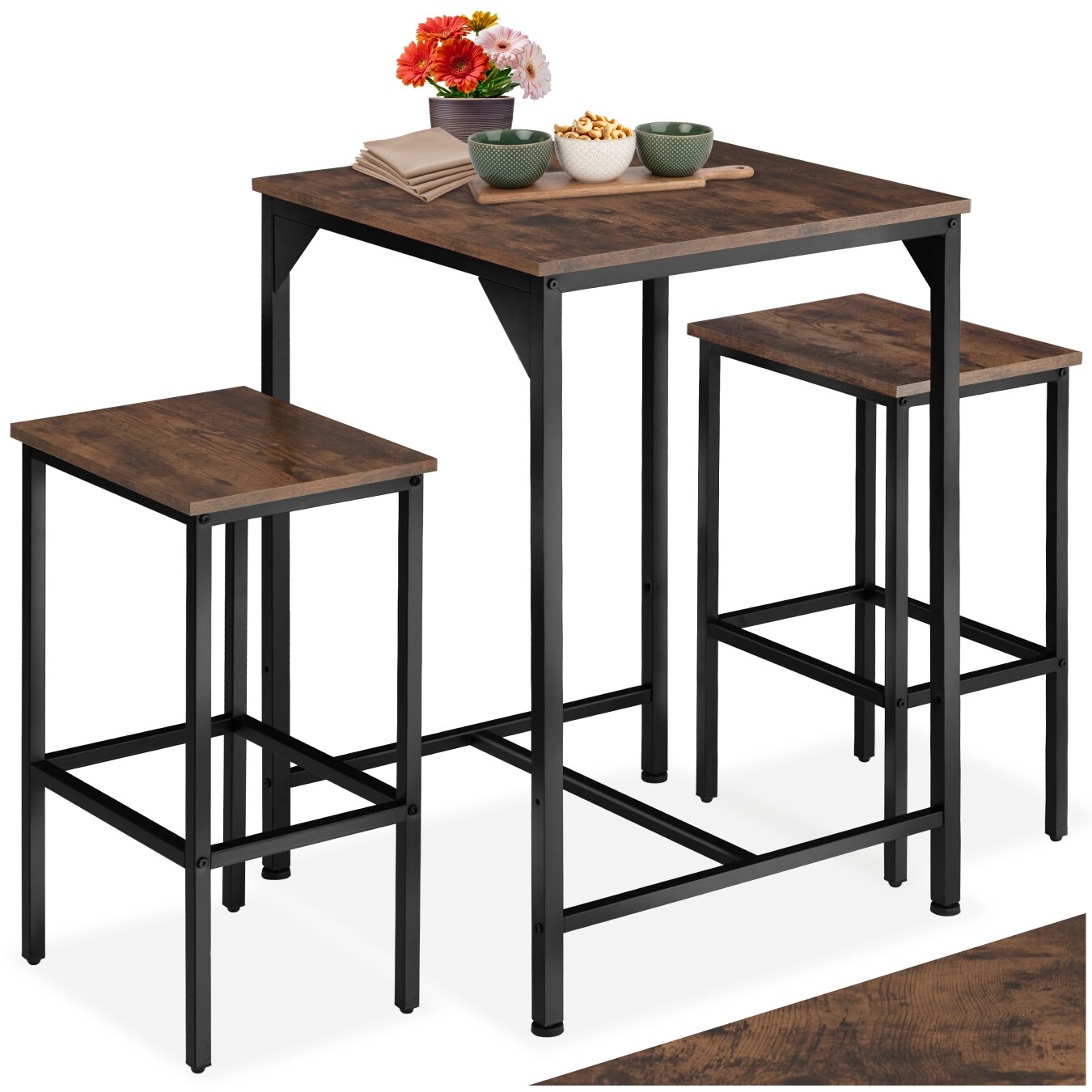 tectake&reg; Barset, 3-teilig, Industrial Style, mit h&ouml;henverstellbaren Kunststofff&uuml;&szlig;en 