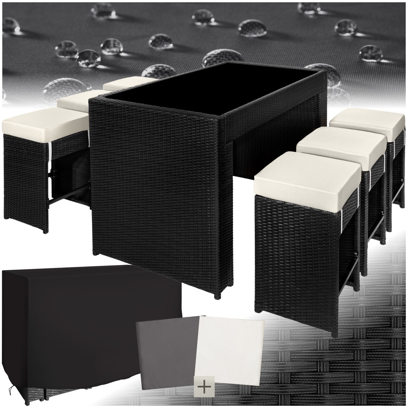 tectake&reg; Aluminium Rattan Barset, wetterfest und UV-best&auml;ndig, mit Sicherheitsglasplatte, 2 Bezugssets 