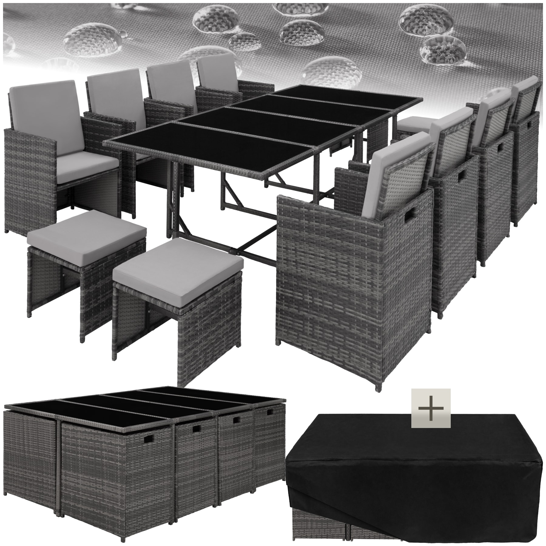 tectake&reg; Rattan Sitzgruppe, f&uuml;r 8 bis 12 Personen, UV-best&auml;ndig, zusammenschiebbar, inklusive Schutzh&uuml;lle 