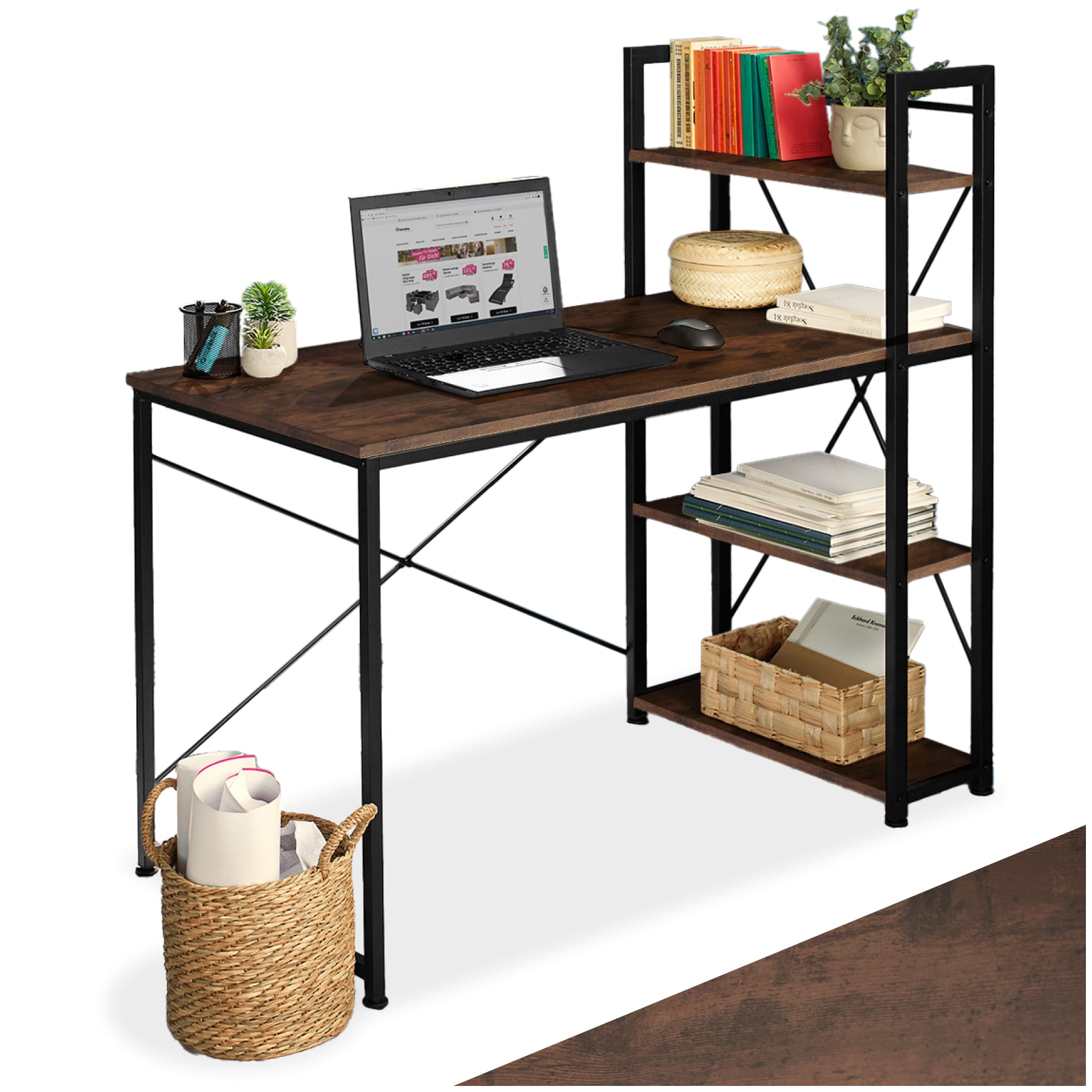 tectake&reg; Computer-Schreibtisch, Industrial Style, integriertes Regal mit 3 Ablagef&auml;chern, 122 x 61 x 120 cm 