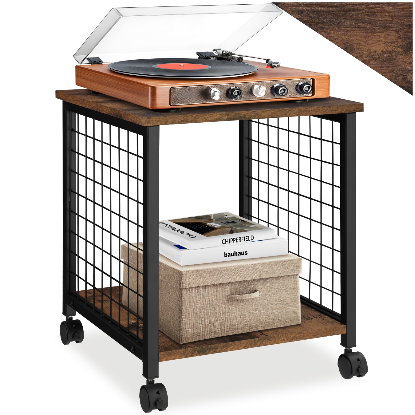 tectake&reg; Beistelltisch, Industrial Style, Gestell mit Gitterseiten, 2 Ablagen und Lenkrollen, 40 x 40 x 48 cm 