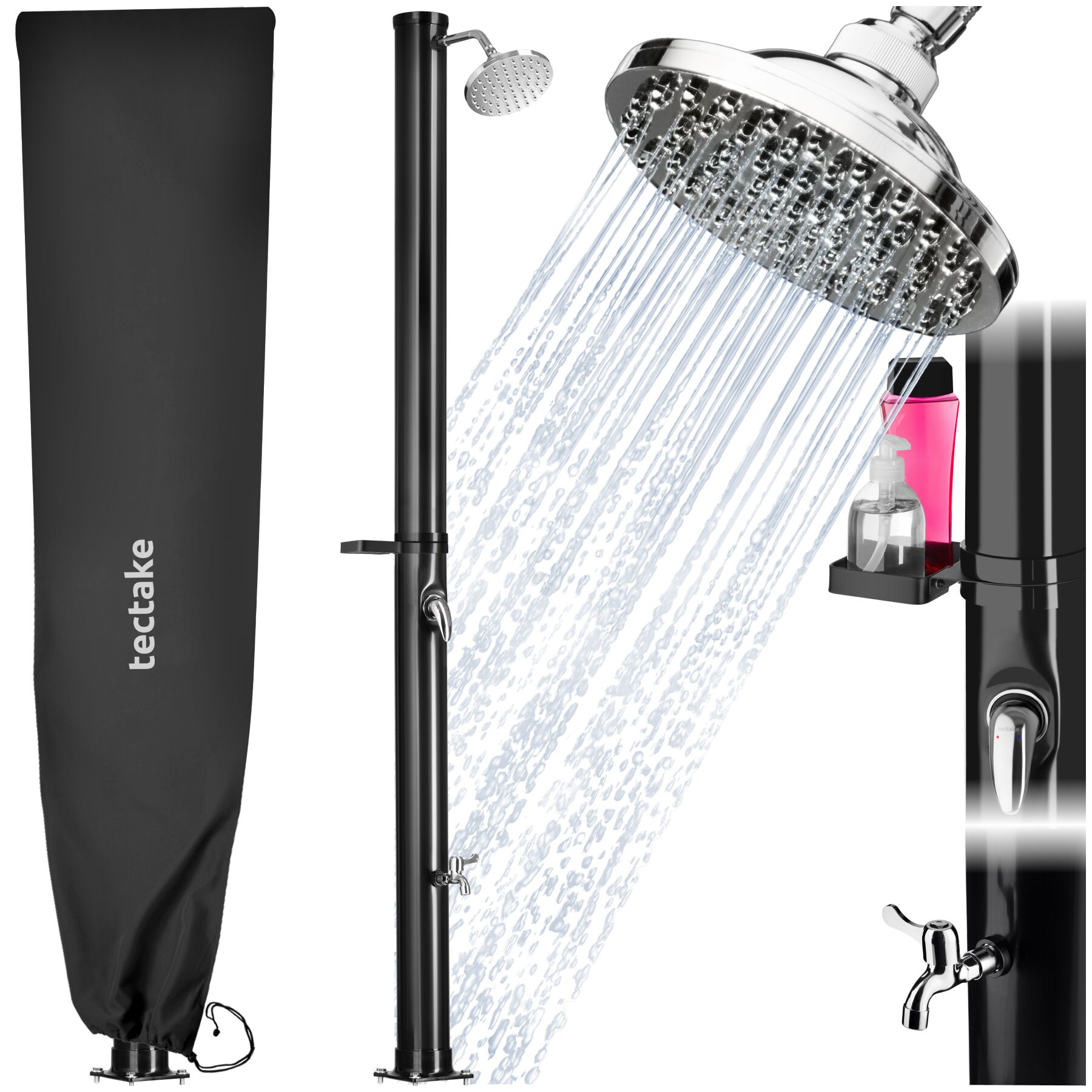 tectake&reg; Solardusche, 20 Liter, mit Seifenablage, Regenduschkopf mit Kugelgelenk, extra Wasserhahn, inklusive Schutzh&uuml;lle 