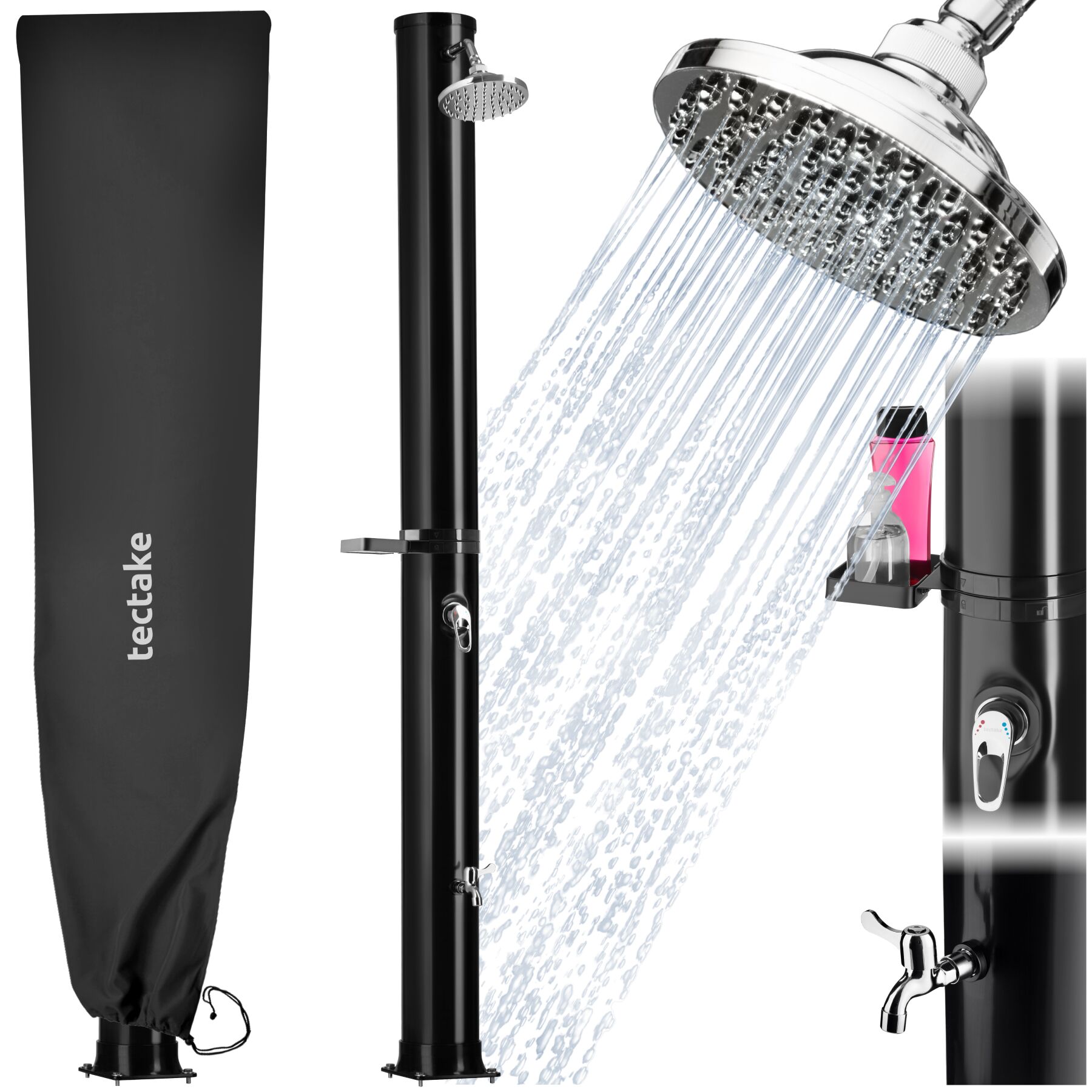 tectake&reg; Solardusche, 40 Liter, mit Seifenablage, Regenduschkopf mit Kugelgelenk, extra Wasserhahn, inklusive Schutzh&uuml;lle 