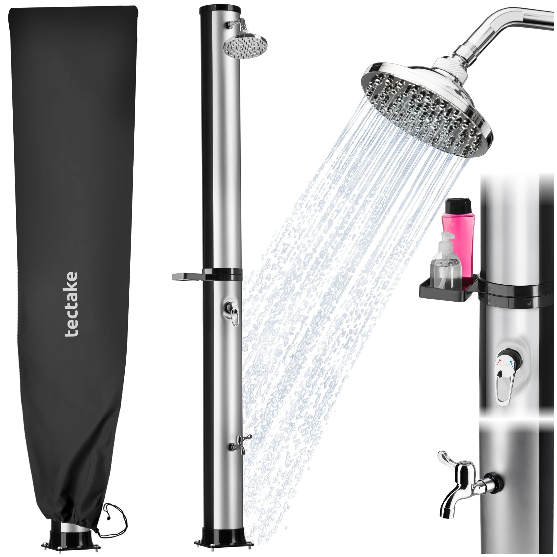 tectake&reg; Solardusche, 40 Liter, mit Seifenablage, Regenduschkopf mit Kugelgelenk, extra Wasserhahn, inklusive Schutzh&uuml;lle 