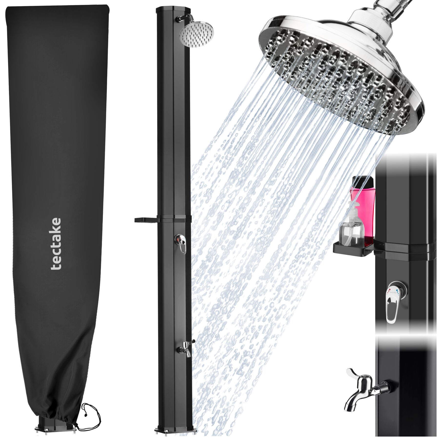 tectake&reg; Solardusche, 35 Liter, mit Seifenablage, Regenduschkopf mit Kugelgelenk, extra Wasserhahn, inklusive Schutzh&uuml;lle 