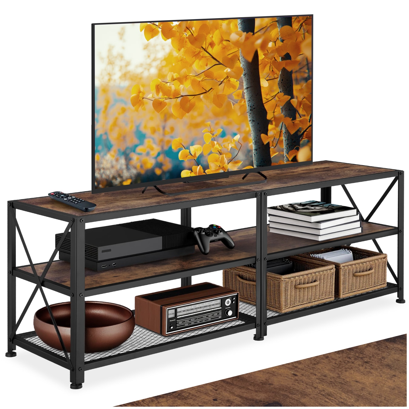tectake&reg; TV-Regal, Industrial Style, 3 offene Etagen, seitliche X-Streben, 141 x 41,5 x 50,5 cm 