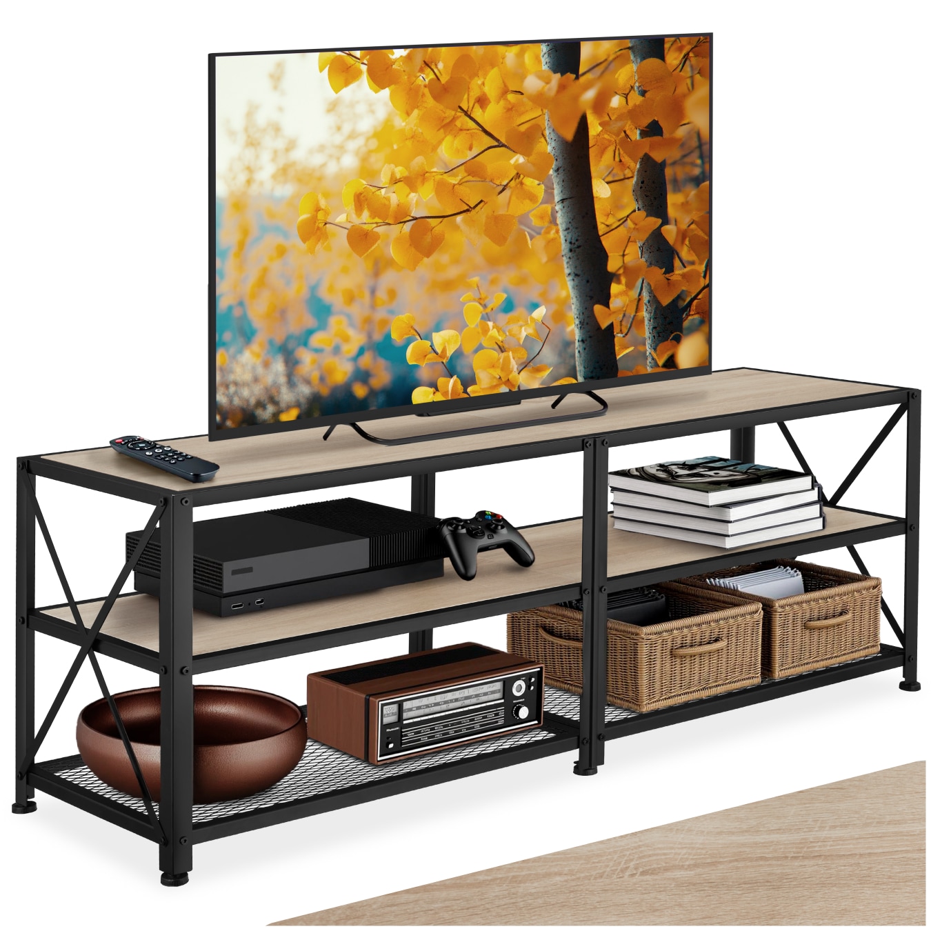 tectake&reg; TV-Regal, Industrial Style, 3 offene Etagen, seitliche X-Streben, 141 x 41,5 x 50,5 cm 