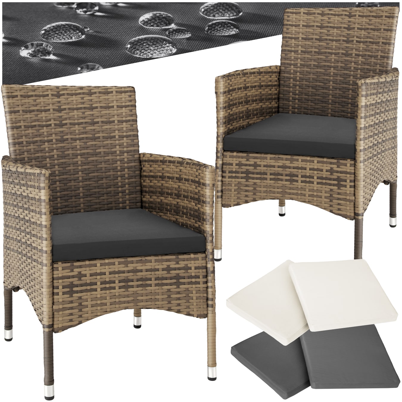 tectake&reg; 2er Set Rattanstuhl, widerstandsf&auml;hig, 2 Bezugssets, 59 x 57 x 85 cm 