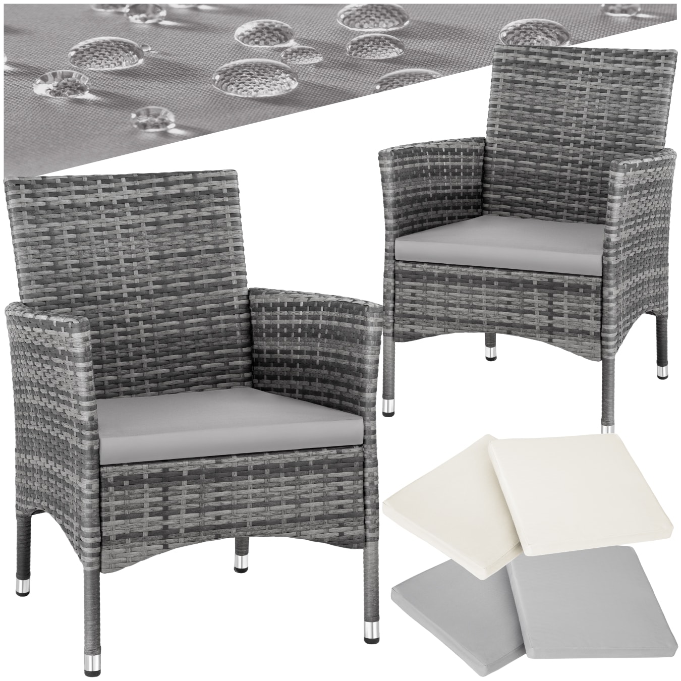 tectake&reg; 2er Set Rattanstuhl, widerstandsf&auml;hig, 2 Bezugssets, 59 x 57 x 85 cm 
