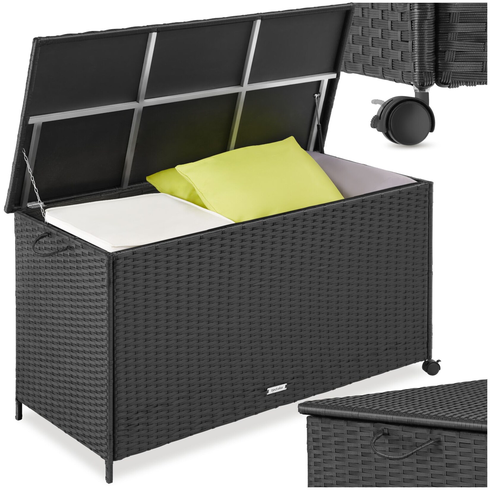 tectake® Auflagenbox, , mit Aluminiumgestell und Rattangeflecht, komfortable Hubautomatik, 116 x 54 x 64 cm