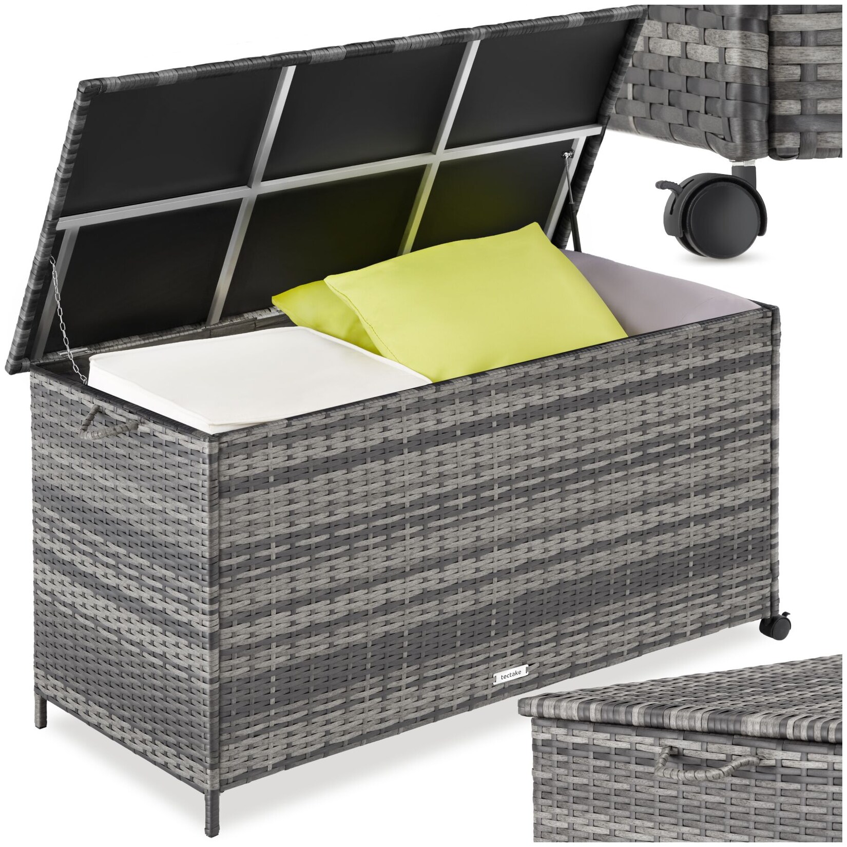 tectake® Auflagenbox, , mit Aluminiumgestell und Rattangeflecht, komfortable Hubautomatik, 116 x 54 x 64 cm