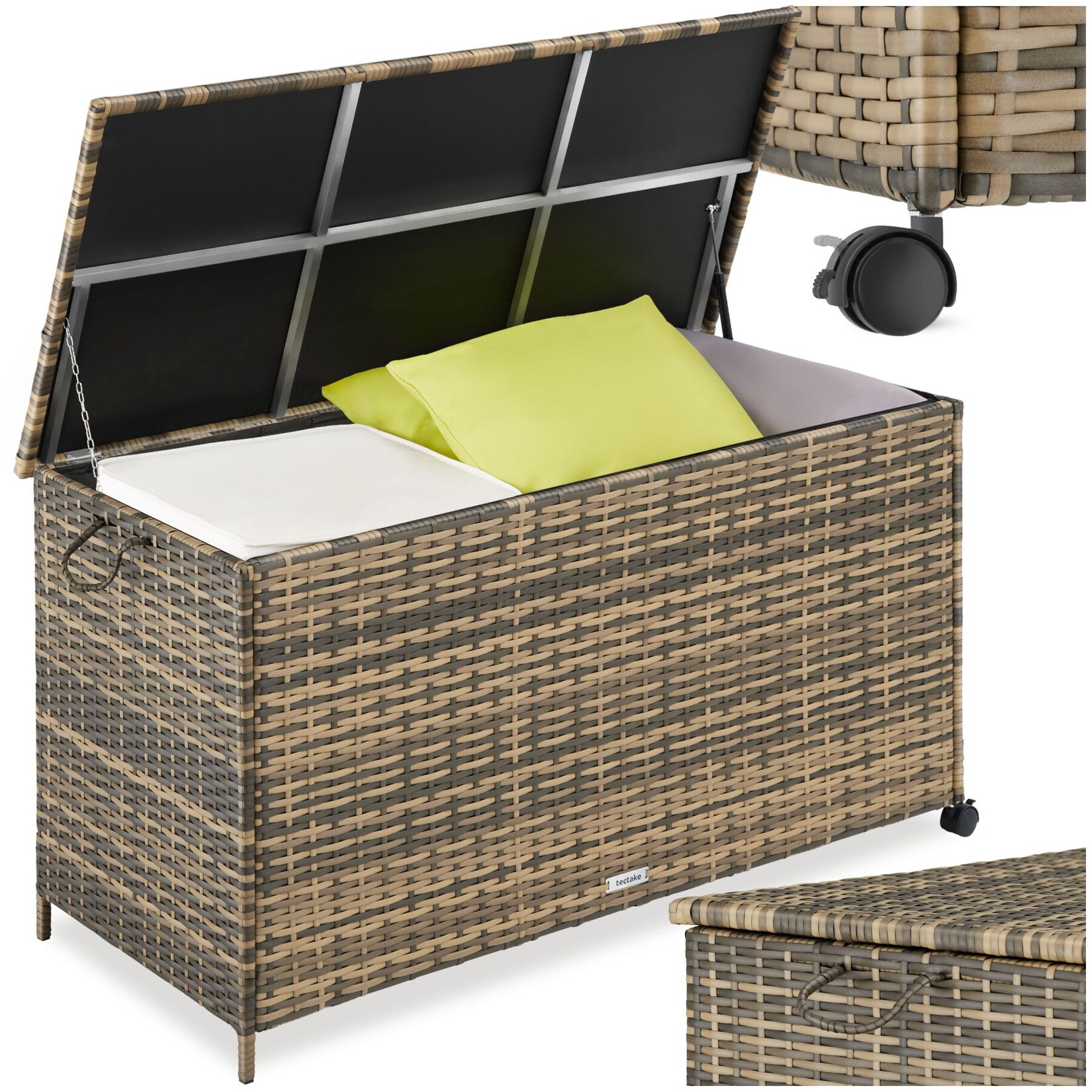 tectake® Auflagenbox, , mit Aluminiumgestell und Rattangeflecht, komfortable Hubautomatik, 116 x 54 x 64 cm