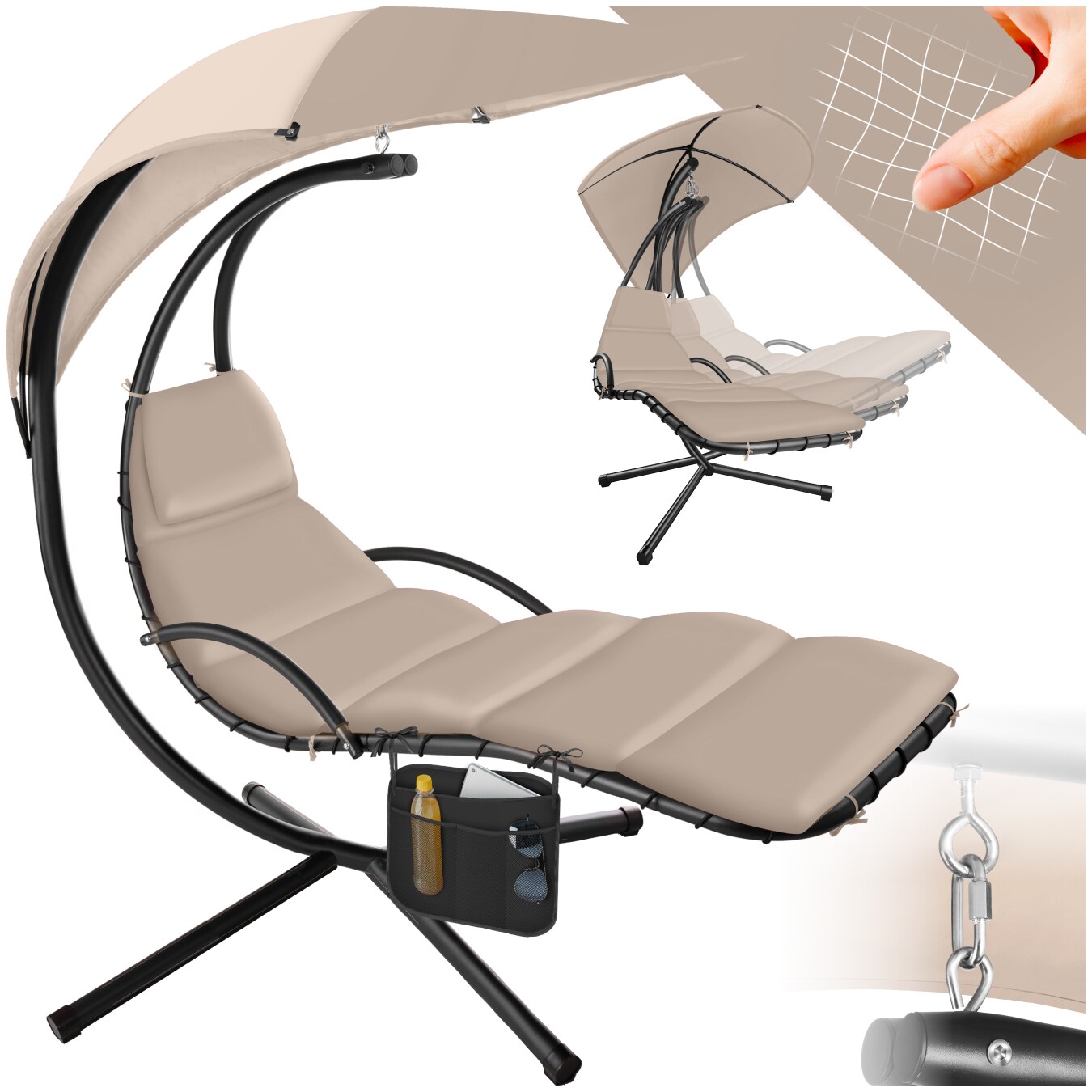 tectake&reg; H&auml;ngeliege, gro&szlig;es Sonnendach mit UV-Schutz, ergonomisch, 195 x 132 x 197 cm, mit Seitentasche 