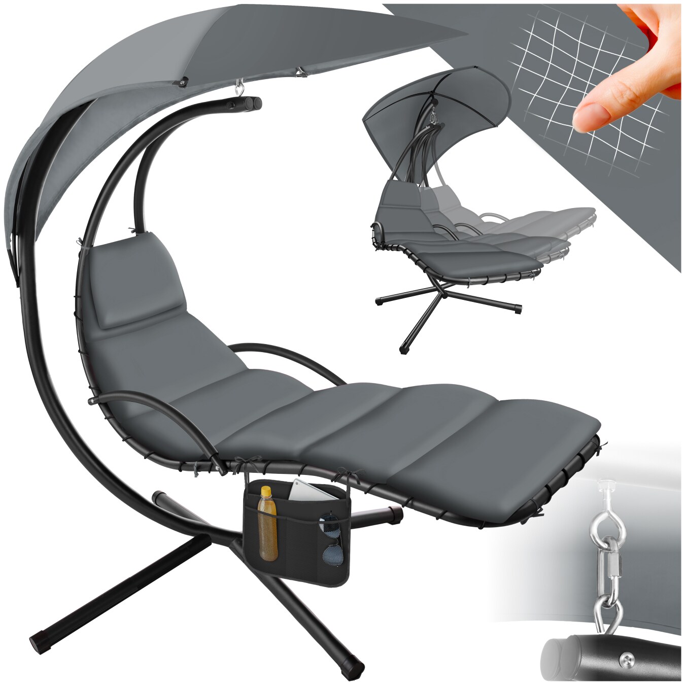tectake® Hängeliege, großes Sonnendach mit UV-Schutz, ergonomisch, 195 x 132 x 197 cm, mit Seitentasche
