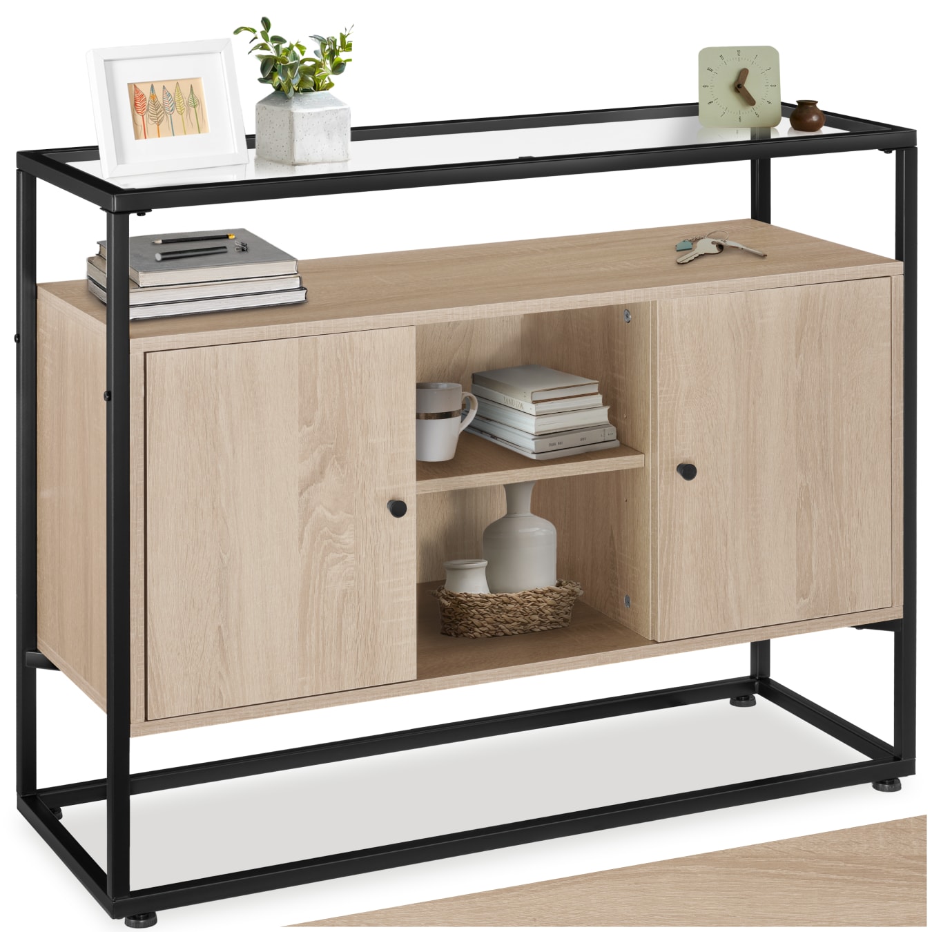 tectake&reg; Sideboard, Industrial Style, Glasplatte, offenes Fach, 2 Stauf&auml;cher mit Magnett&uuml;ren und 3 Einlegeb&ouml;den, 100 x 38 x 80,5 cm 