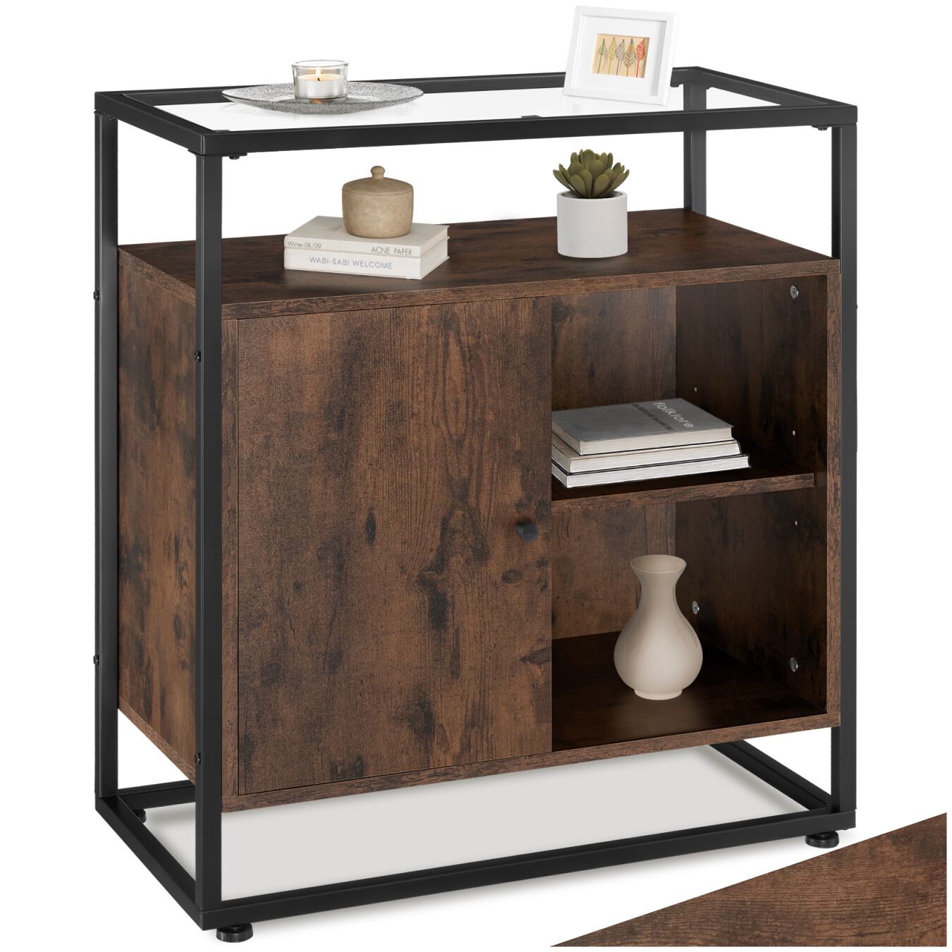 tectake&reg; Kommode, Industrial Style, Glasplatte, offenes Fach, Staufach mit Magnett&uuml;r und 2 Einlegeb&ouml;den, 70 x 38 x 80,5 cm 