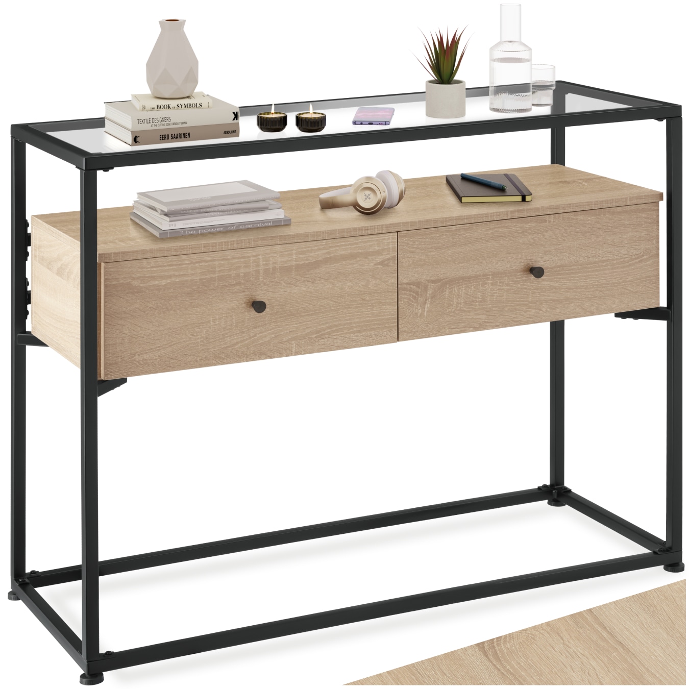 tectake&reg; Konsolentisch, Industrial Style, Platte aus Sicherheitsglas, 2 gro&szlig;e Schubladen, 101,5 x 41,5 x 80,5 cm 