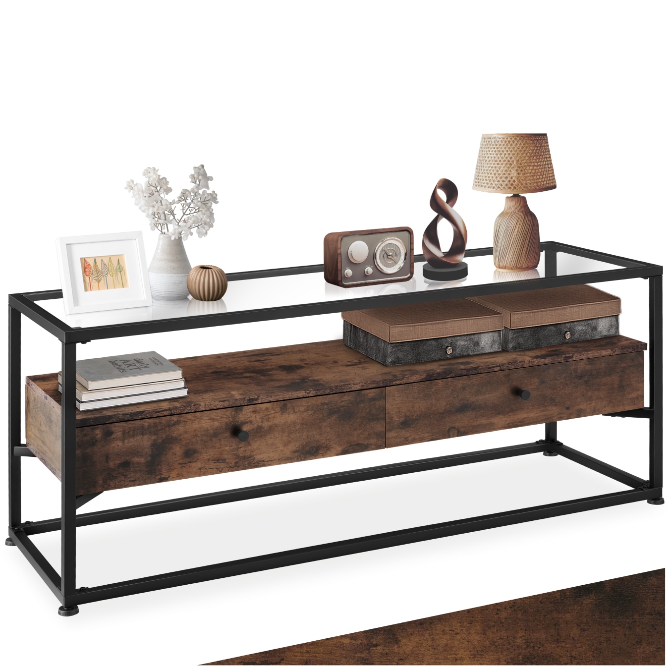 tectake&reg; Sideboard, Industrial Style, Platte aus Sicherheitsglas, 2 gro&szlig;e Schubladen, 121,5 x 41,5 x 50,5 cm 