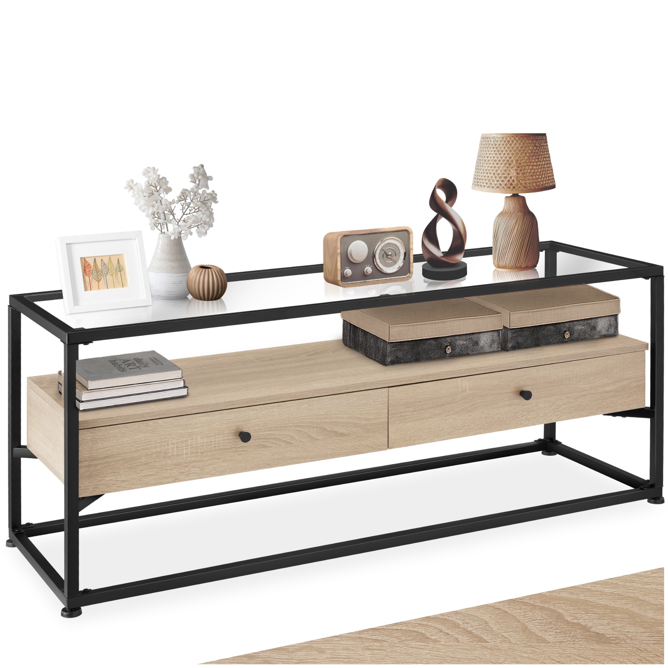 tectake&reg; Sideboard, Industrial Style, Platte aus Sicherheitsglas, 2 gro&szlig;e Schubladen, 121,5 x 41,5 x 50,5 cm 
