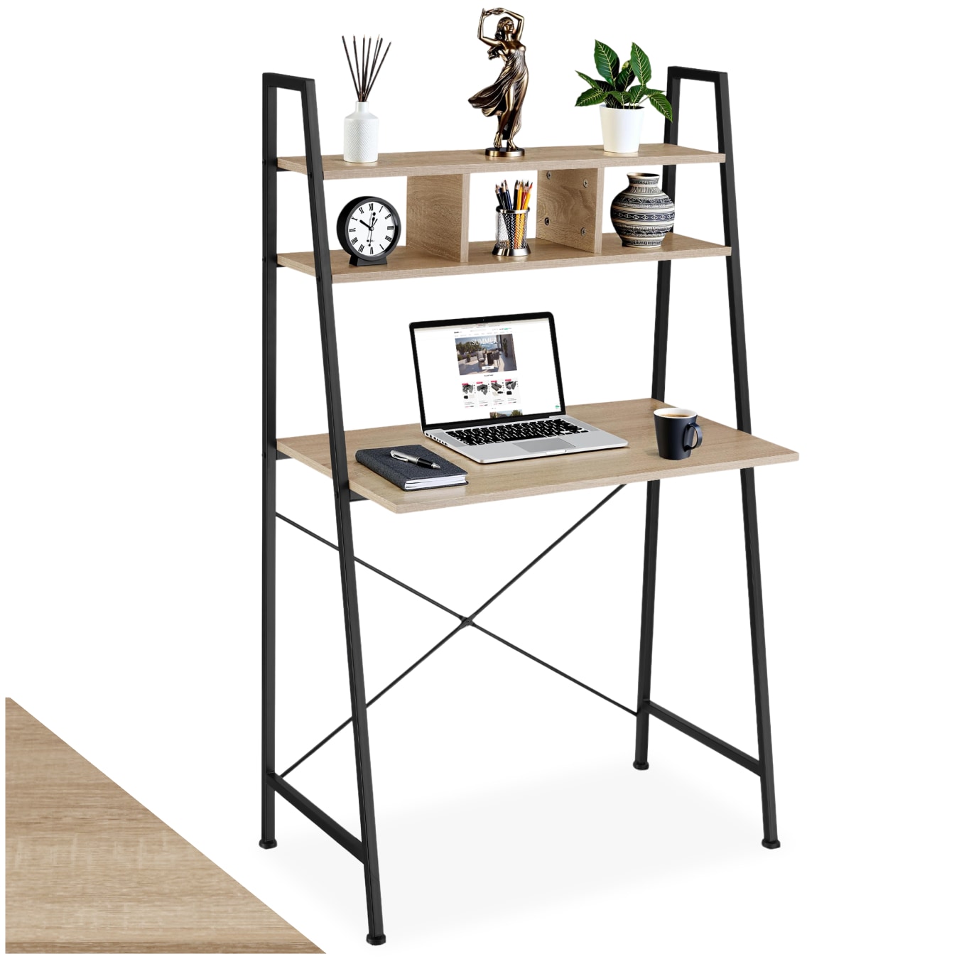 tectake&reg; Schreibtisch, Industrial Style, trapezf&ouml;rmiges Gestell, 3 Stauf&auml;cher, 85,5 x 46,5 x 140 cm 