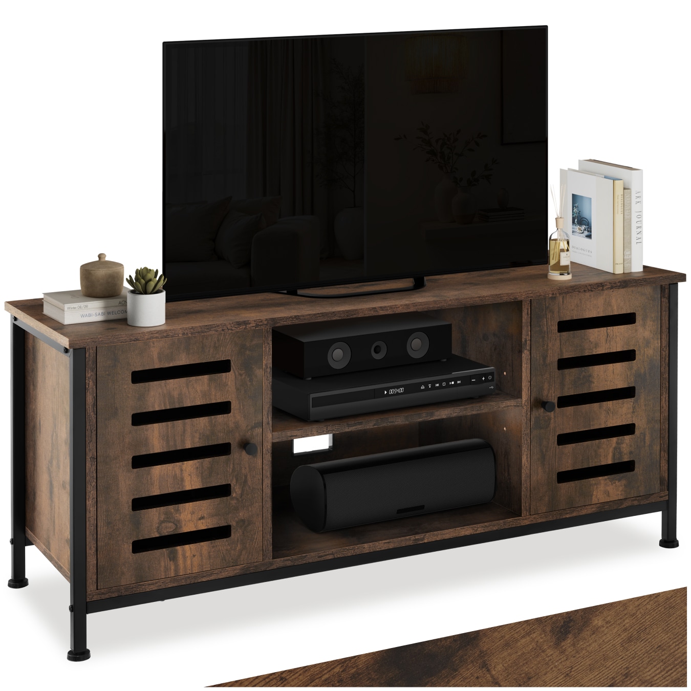 tectake&reg; TV-Board, Industrial Style, offenes Fach, 2 Stauf&auml;cher mit Magnett&uuml;ren, verstellbarer Einlegeboden, 2 Kabelaussparungen, 110 x 41,5 x 50,5 cm 